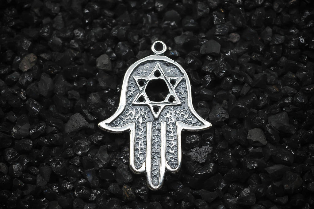 Men's Silver Necklace with Eye of Ra Triangle and Hamsa Hand Pendant