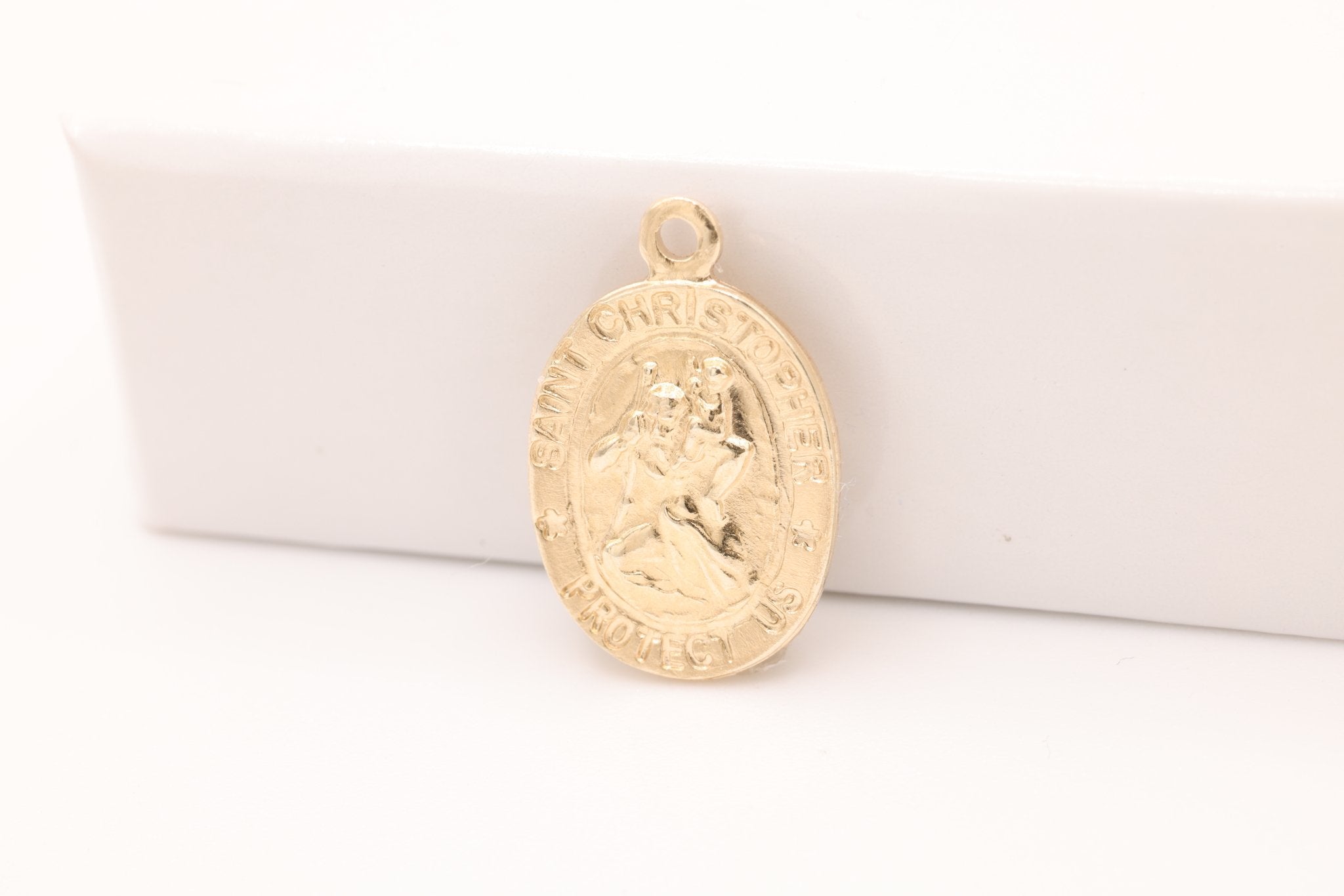 14k Gold Filled Oval St Christopher Charm- Catholic Charm, 9mmX12mm, Oval Tag, Gold Filled Medallion Coin, Patron Saint Christopher Charm - HarperCrown