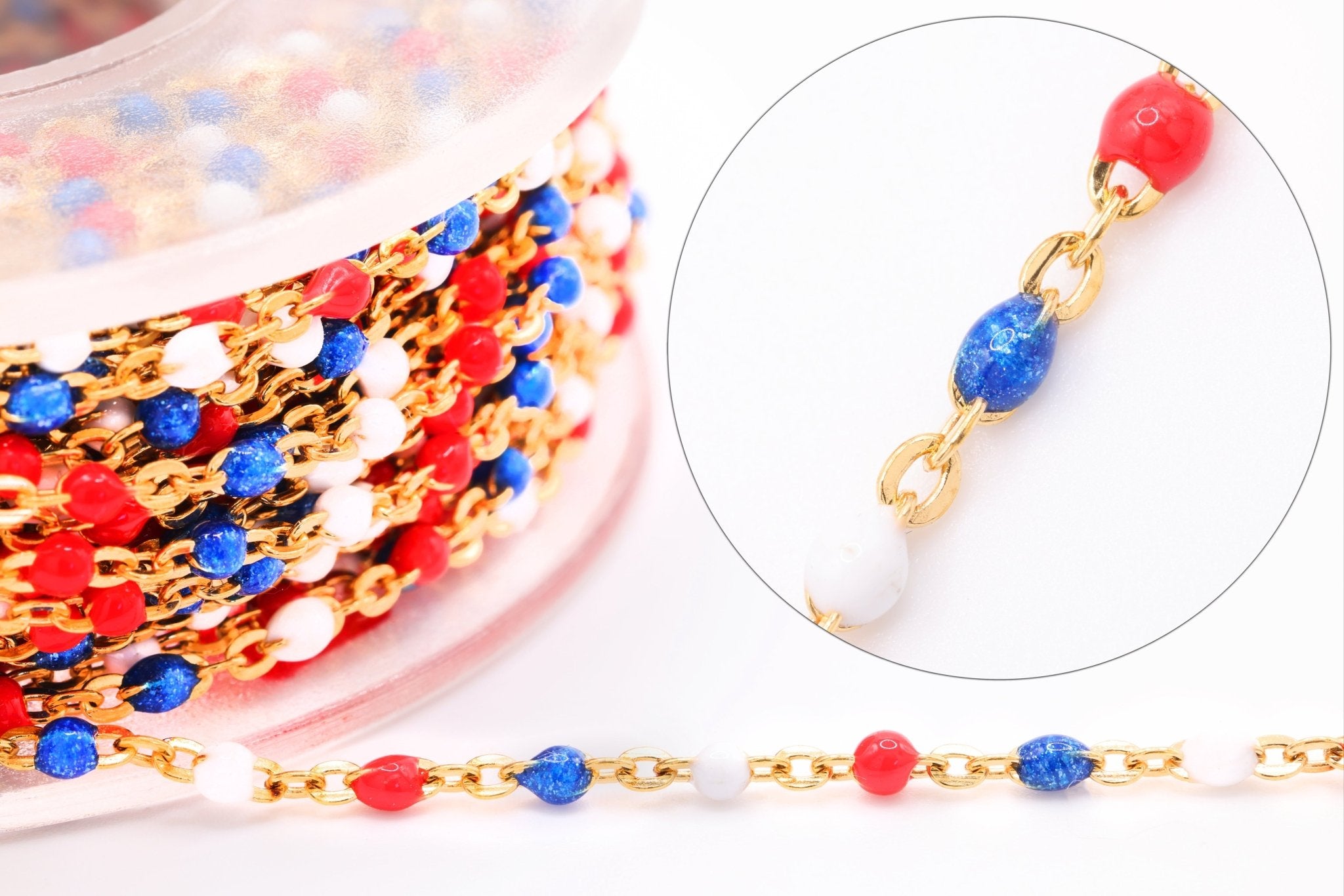 1.5mm Red, White, and Blue Enamel Chain, Gold - Filled, Patriotic Unfinished Chain Permanent Jewelry - HarperCrown