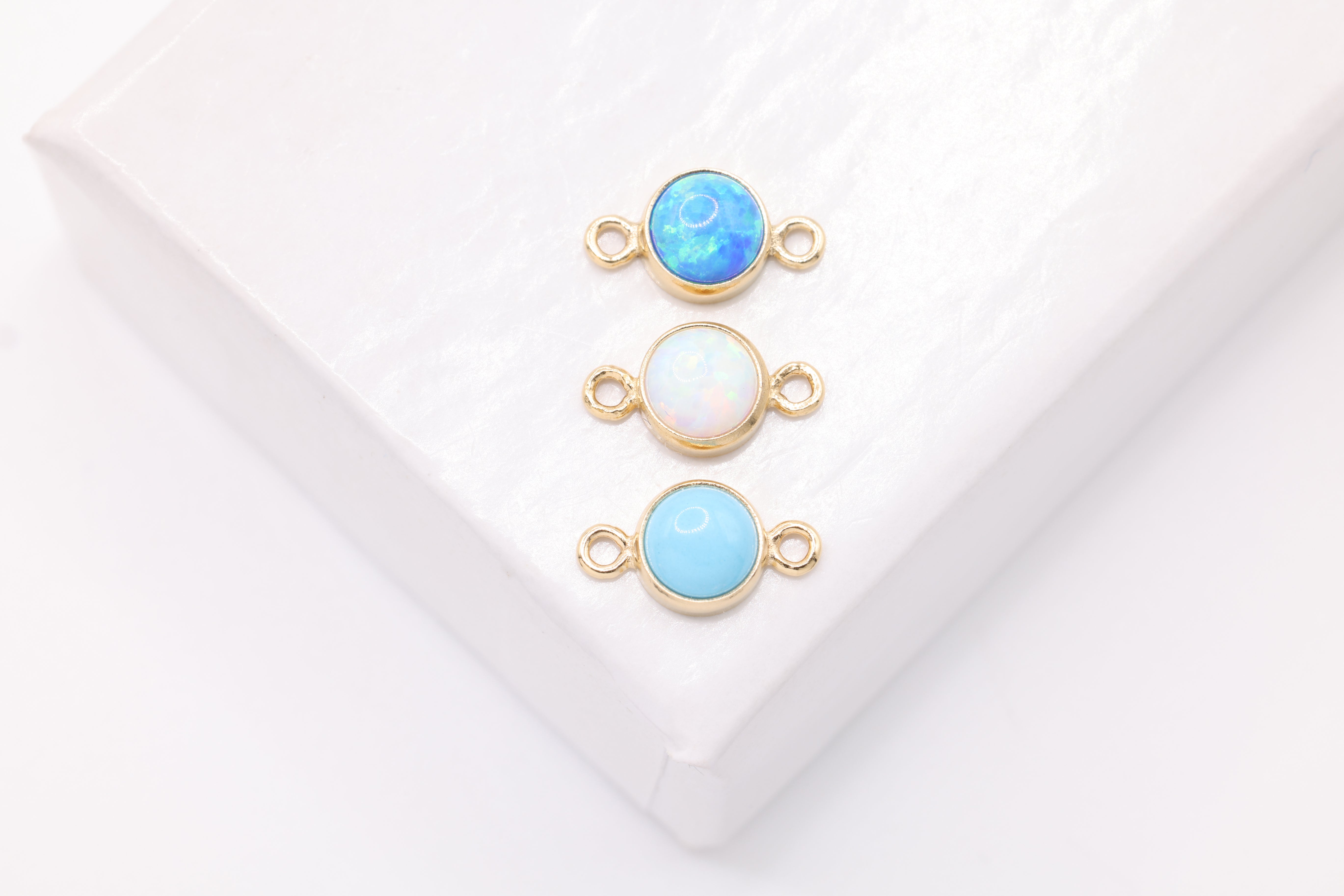 Blue White Bello Opal Connector Charm, 14/20 Gold-Filled Opal, 4mm, Imitation Turquoise Opal Bezel Rim Link Charm Permanent Jewelry