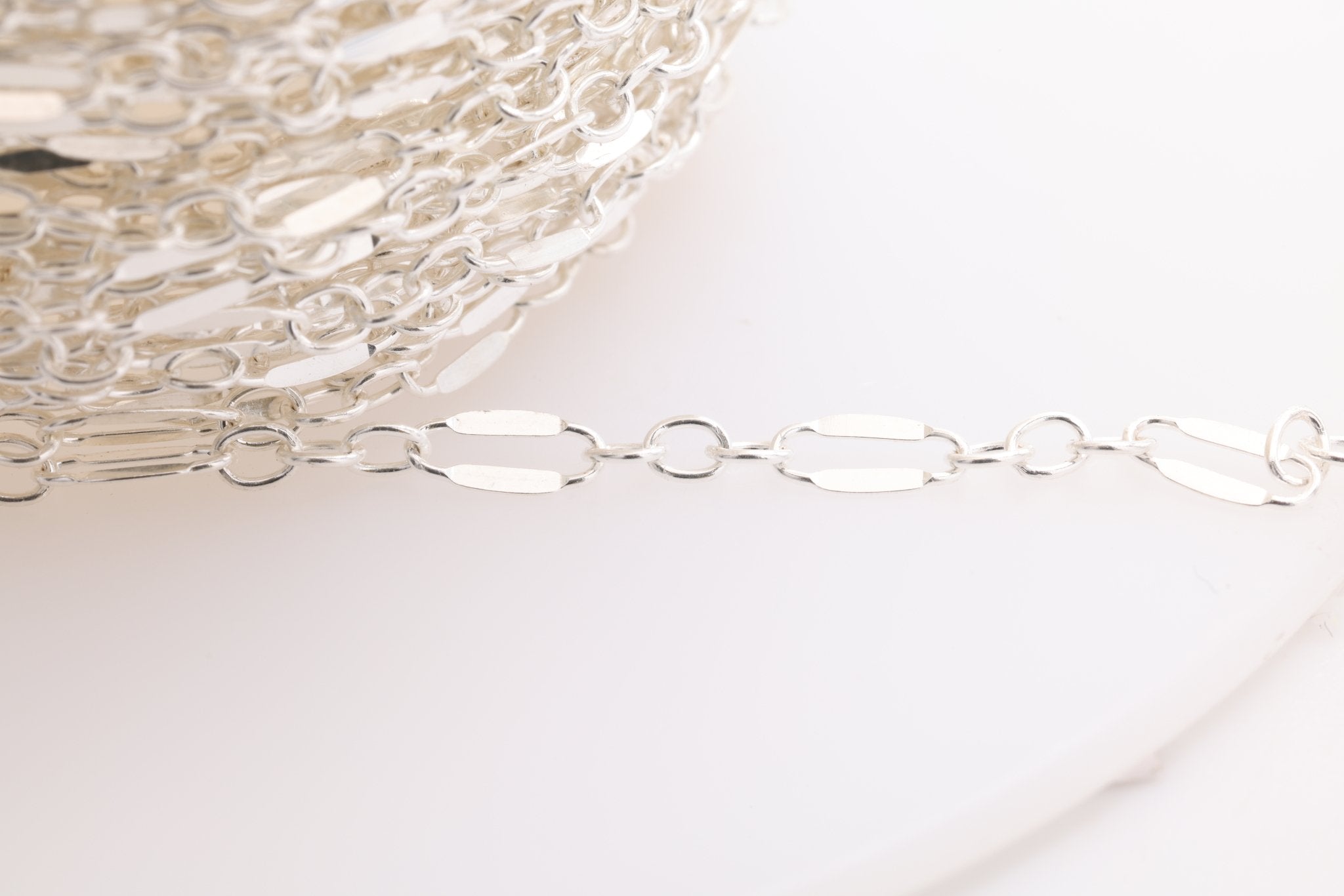 2mm x 6mm Long & Short Dapped Sequin Chain, 925 Sterling Silver, Bulk Pay Per Foot Uncut Spools For Jewelers - HarperCrown