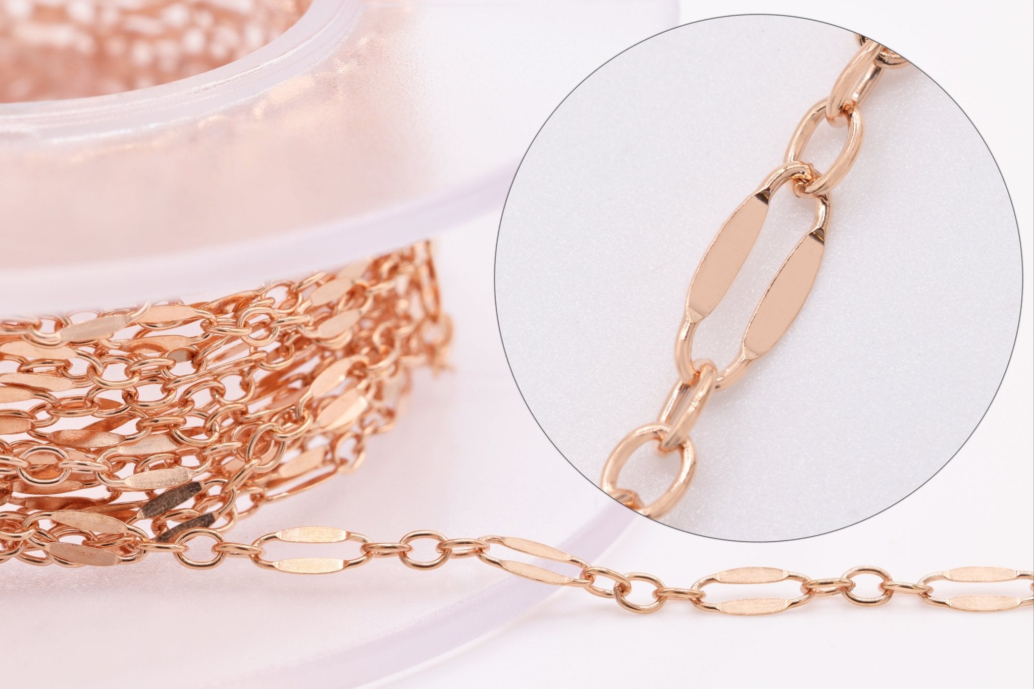 2mm x 6mm Long & Short Dapped Sequin Chain, Rose Gold - Filled, Bulk Pay Per Foot Jewelry Making Chain - HarperCrown