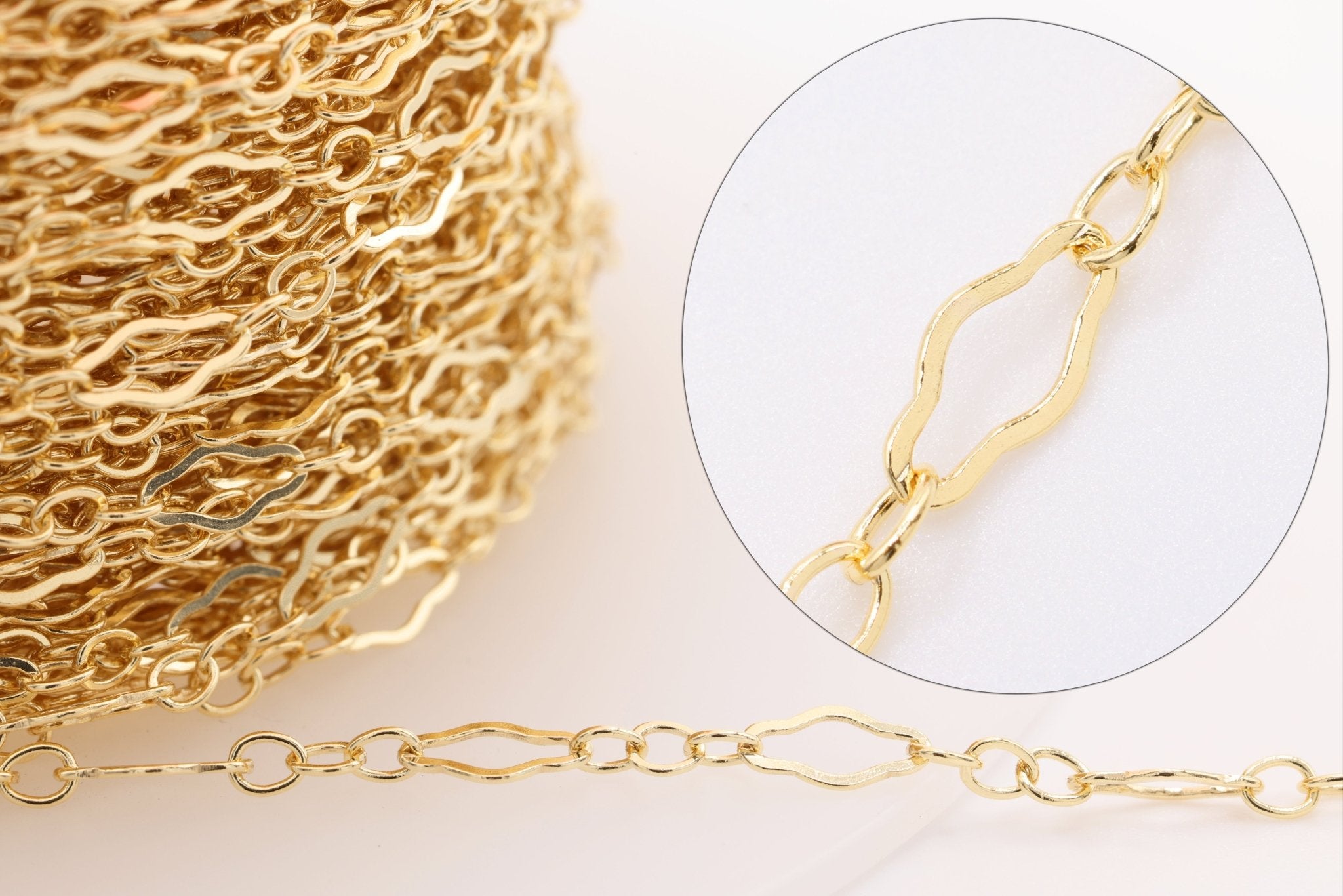 3mm x 5mm Fancy Long & Short Krinkle Chain, Gold - Filled, Bulk DIY Spool Pay Per Foot Jewelry Making Chain - HarperCrown