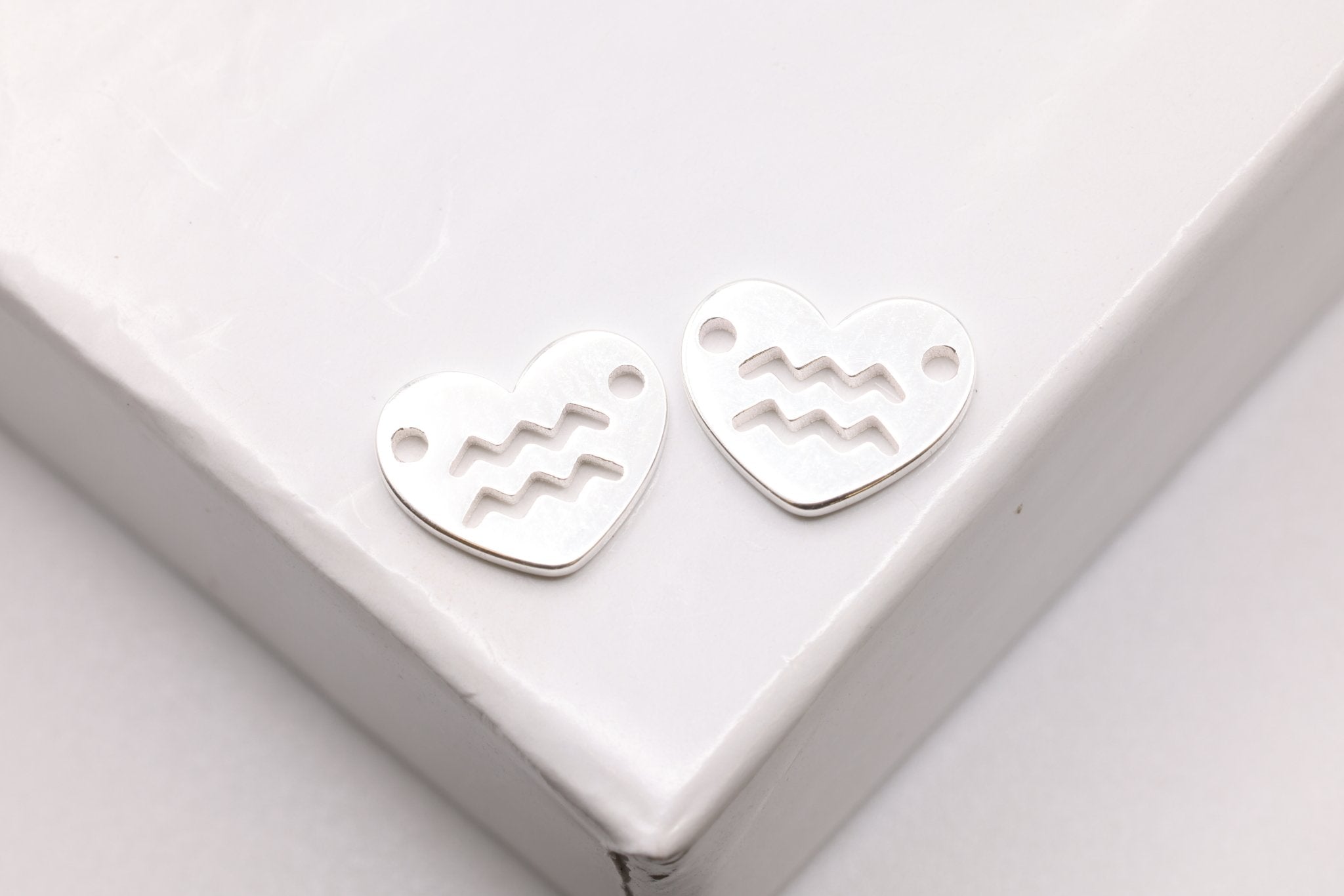 Aquarius Zodiac Heart Connector Charm, 925 Sterling Silver, 6mm x 6mm, Bulk Wholesale Jewelry Making Charm - HarperCrown