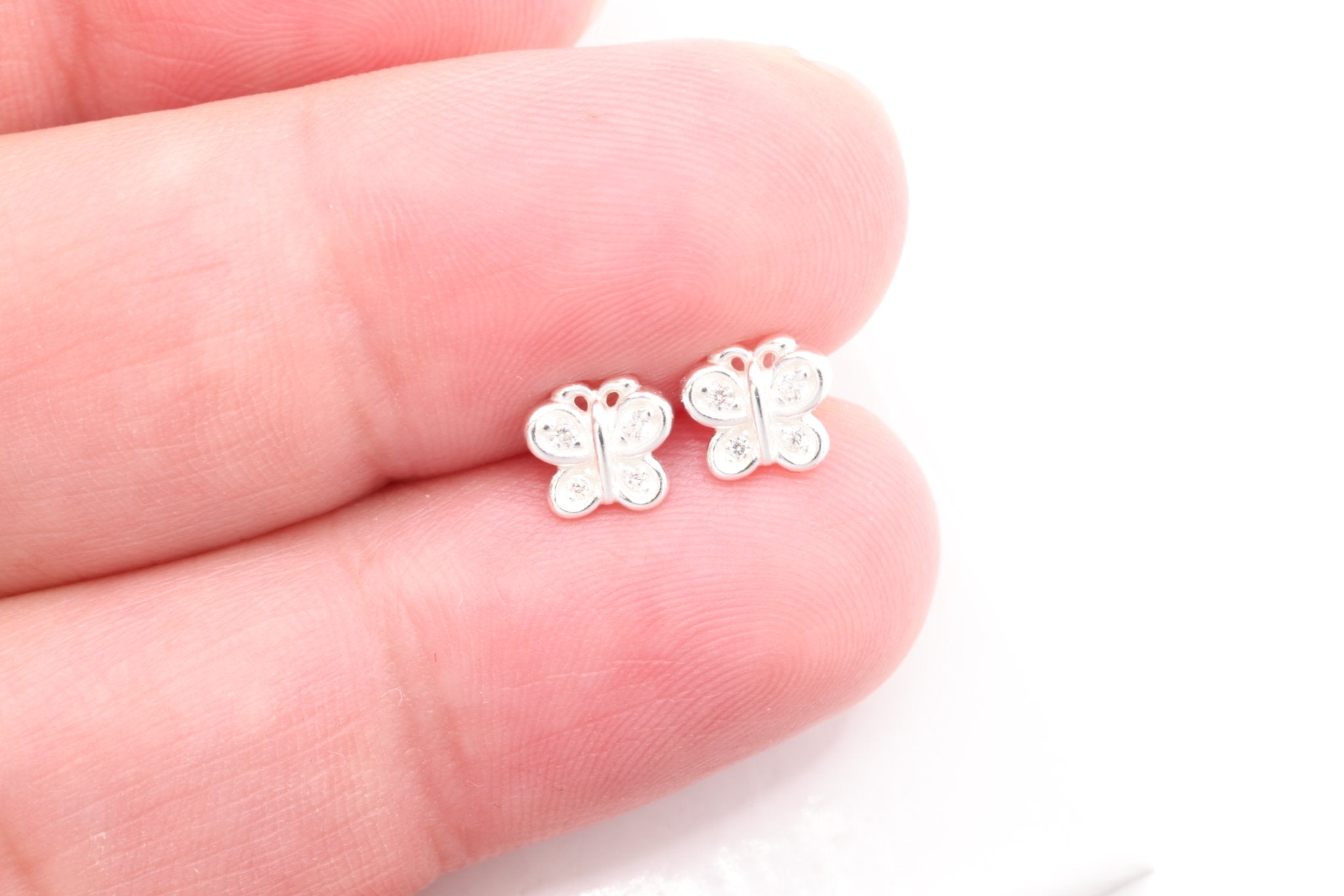 Butterfly CZ Stud Earrings, 1 pair Sterling Silver, 6mm x 5mm, Minimalist Delicate, Wholesale Jewelry Earrings - HarperCrown