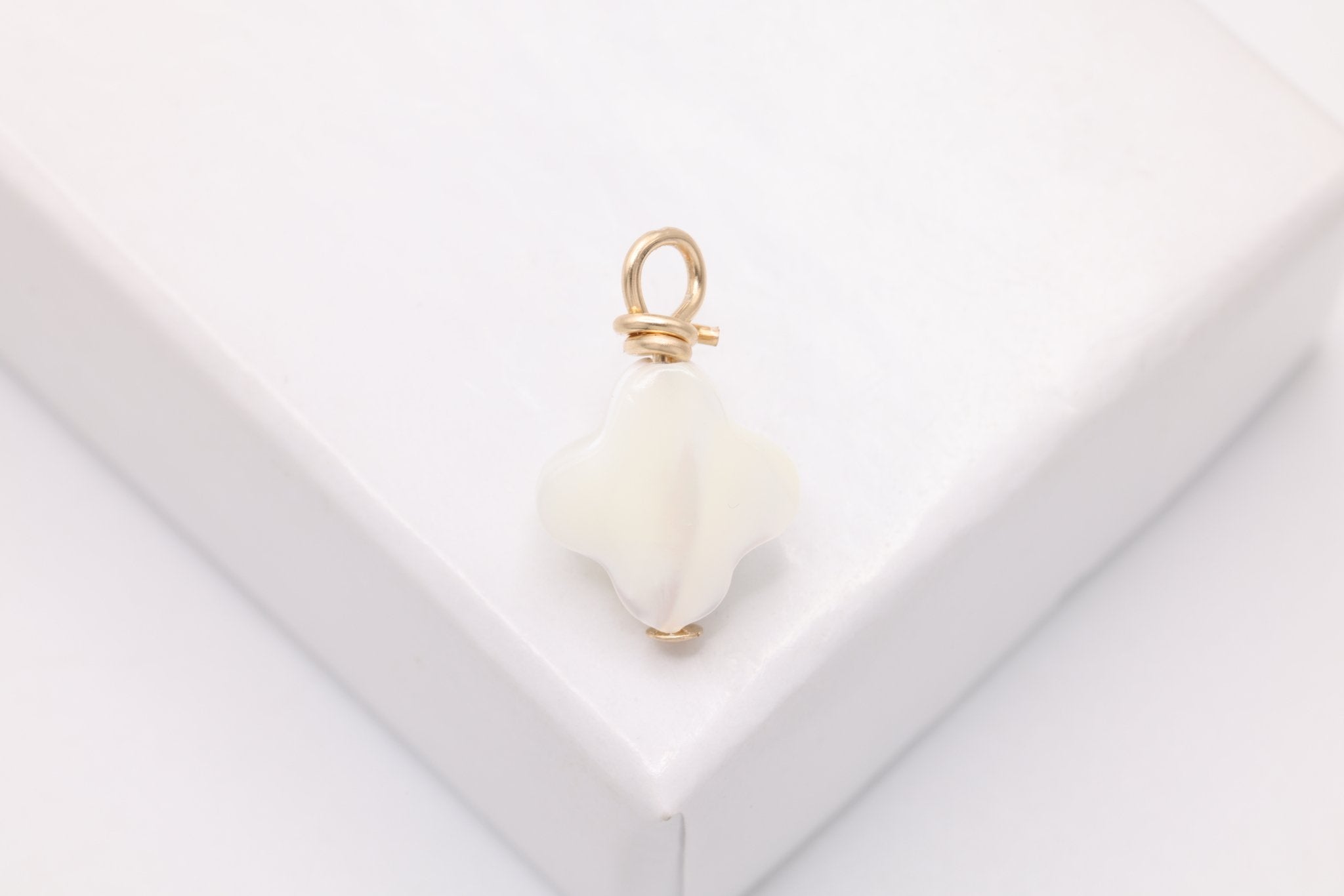 Clover Mother of Pearl Drop Charm, Gold - Filled, 12mm x 8mm, Wire Wrapped Pearl, Bulk DIY Wholesale Jewelry Making Charm - HarperCrown