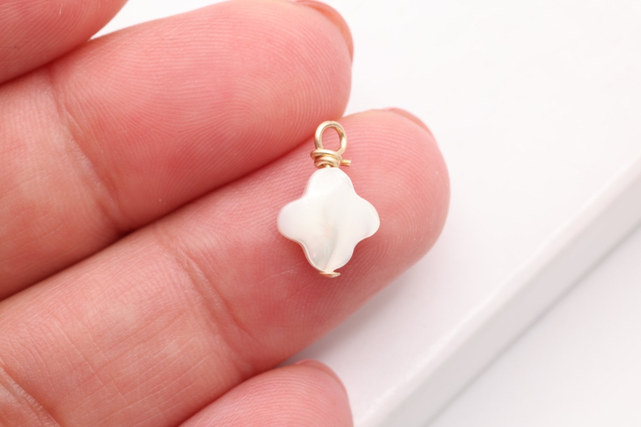 Clover Mother of Pearl Drop Charm, Gold - Filled, 12mm x 8mm, Wire Wrapped Pearl, Bulk DIY Wholesale Jewelry Making Charm - HarperCrown