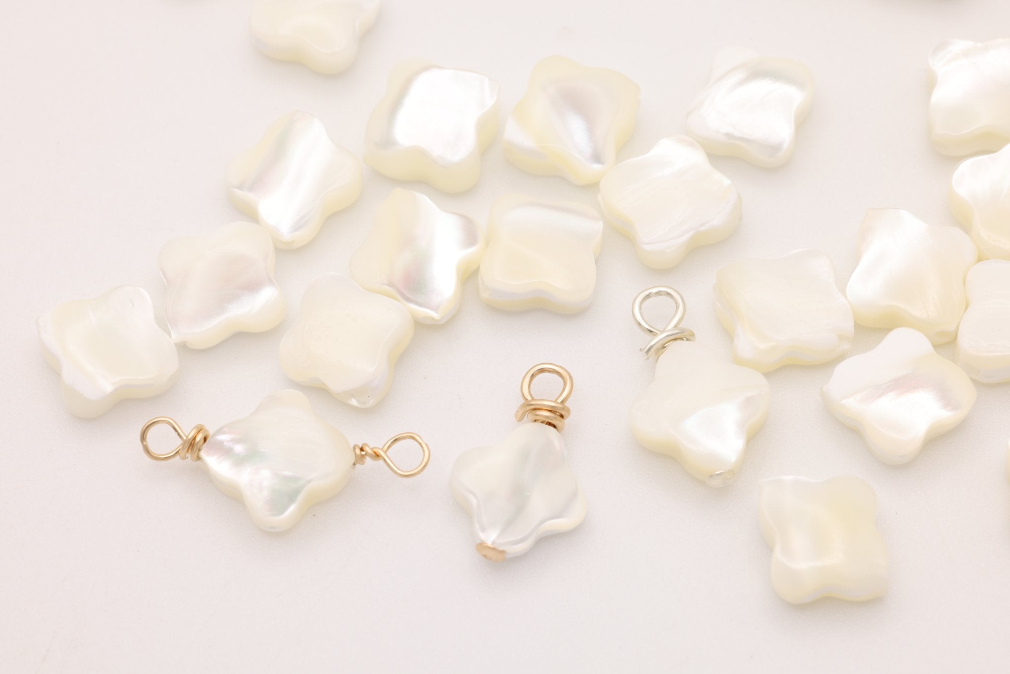 Clover Mother of Pearl Drop Charm, Gold - Filled, 12mm x 8mm, Wire Wrapped Pearl, Bulk DIY Wholesale Jewelry Making Charm - HarperCrown