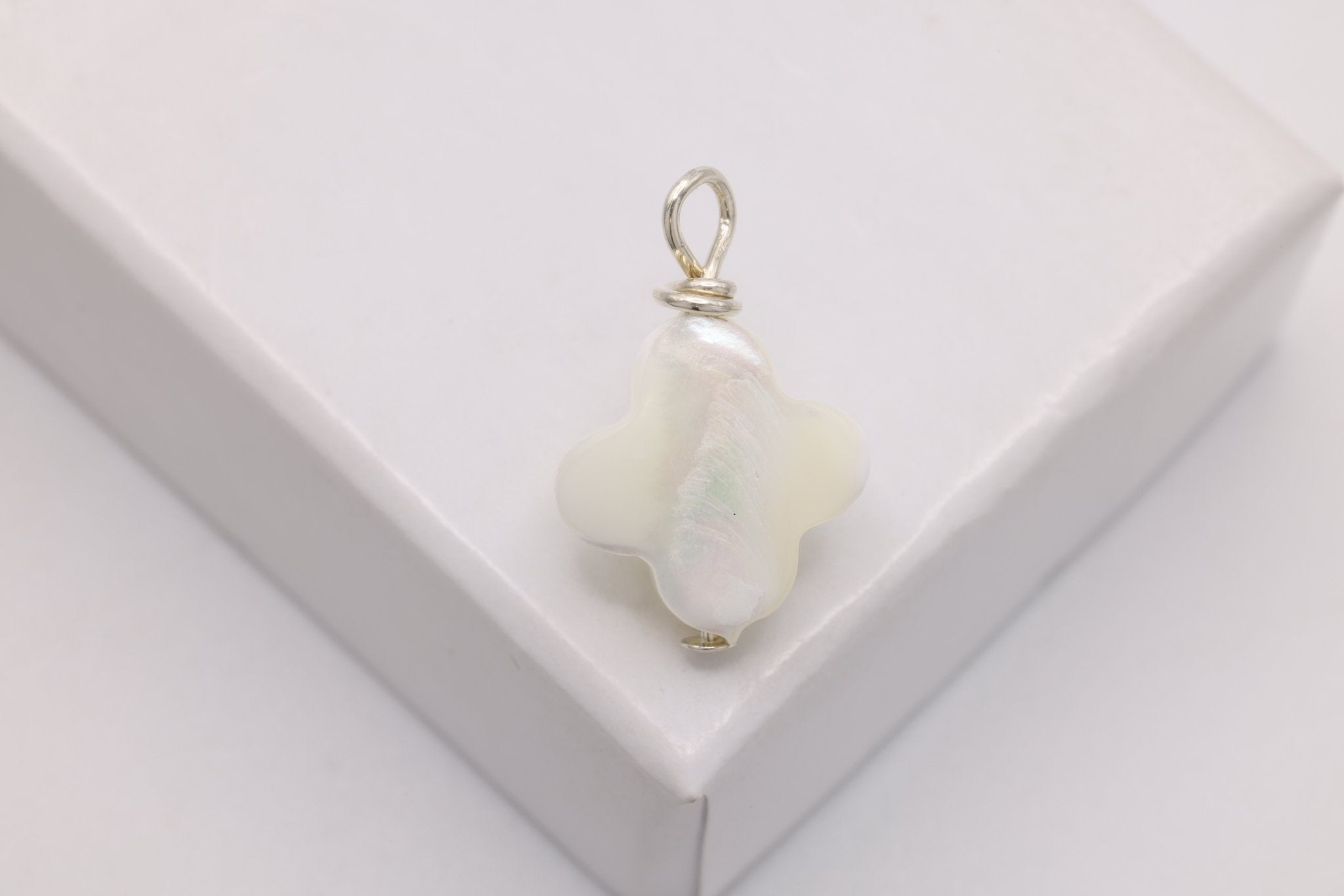 Clover Mother of Pearl Drop Charm, Sterling Silver, 15mm x 10mm, Wire Wrapped Pearl, Bulk DIY Wholesale Jewelry Making Charm - HarperCrown