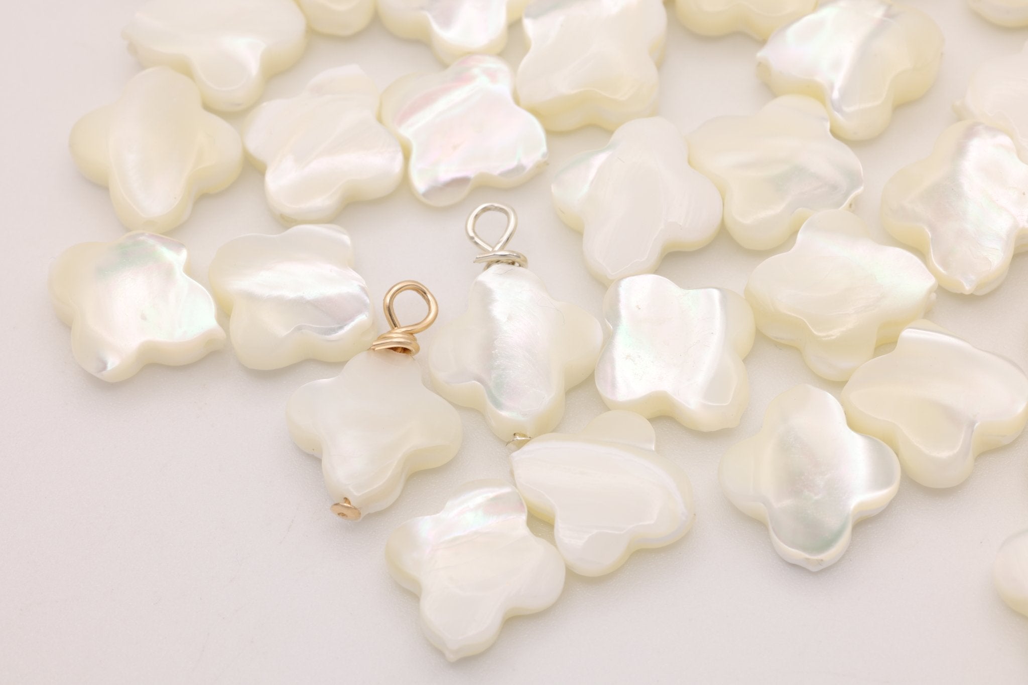 Clover Mother of Pearl Drop Charm, Sterling Silver, 15mm x 10mm, Wire Wrapped Pearl, Bulk DIY Wholesale Jewelry Making Charm - HarperCrown