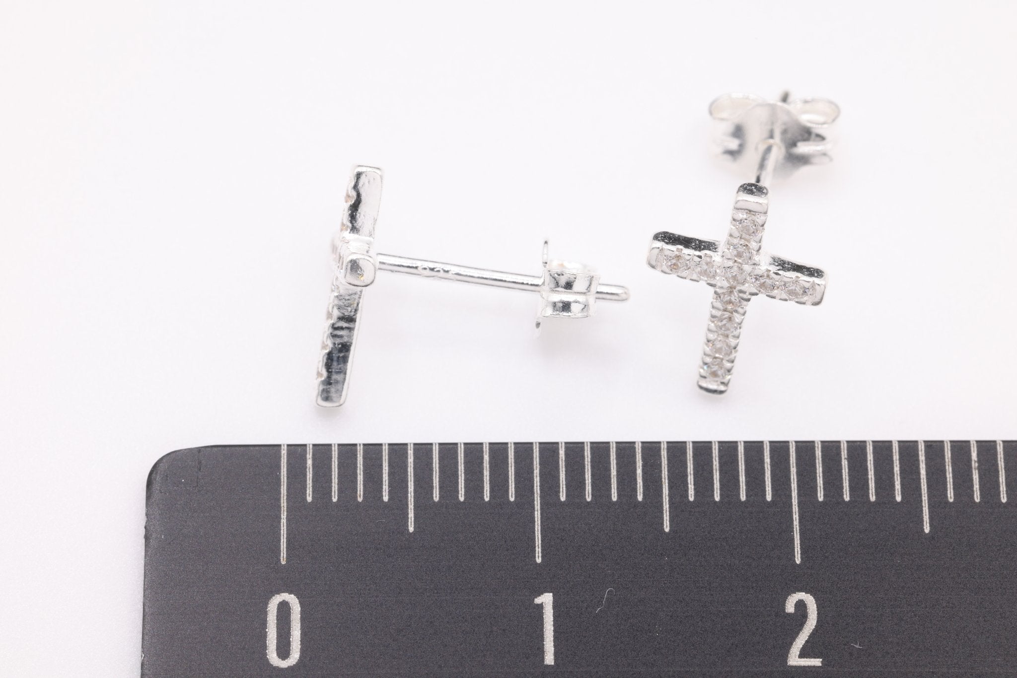 Cross CZ Stud Earrings, 1 pair Sterling Silver, 9mm x 7mm, Minimalist Delicate, Wholesale Jewelry Earrings - HarperCrown