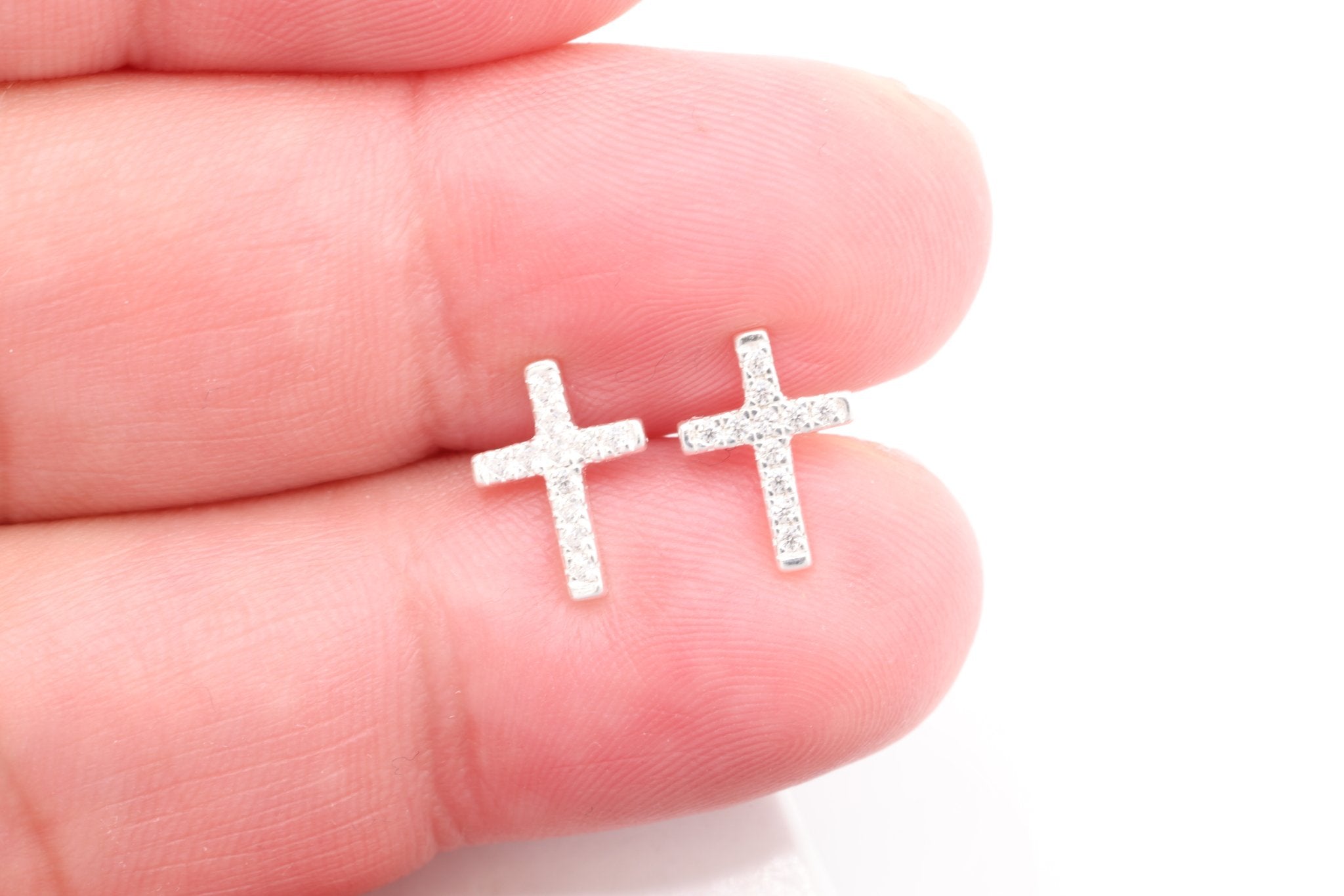 Cross CZ Stud Earrings, 1 pair Sterling Silver, 9mm x 7mm, Minimalist Delicate, Wholesale Jewelry Earrings - HarperCrown