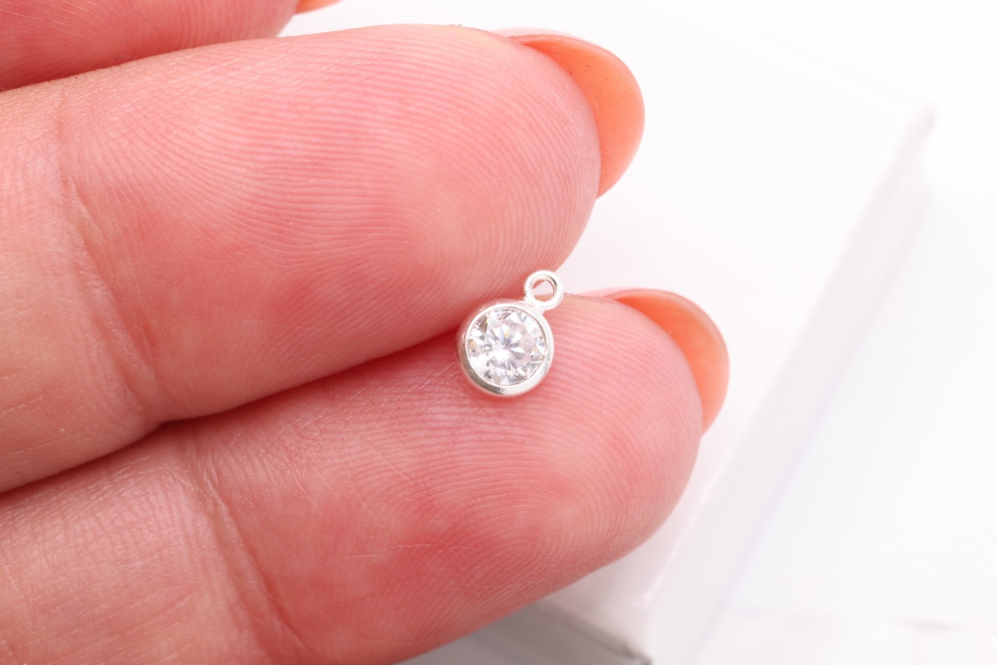 Diamond CZ Drop Charm, April Birthstone, Sterling Silver, 6mm x 4mm, Wholesale Bulk DIY Wholesale Jewelry Making Charm - HarperCrown