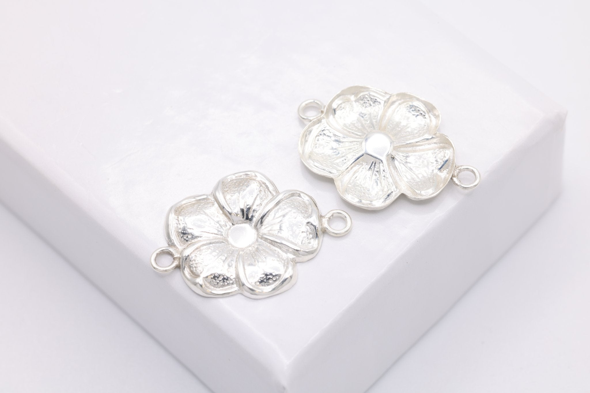 Flower Connector Charm, 925 Sterling Silver, 15mm x 10mm, Small Hawaiian Plumeria Flower Charm, Bulk DIY Wholesale Jewelry Making Charm - HarperCrown