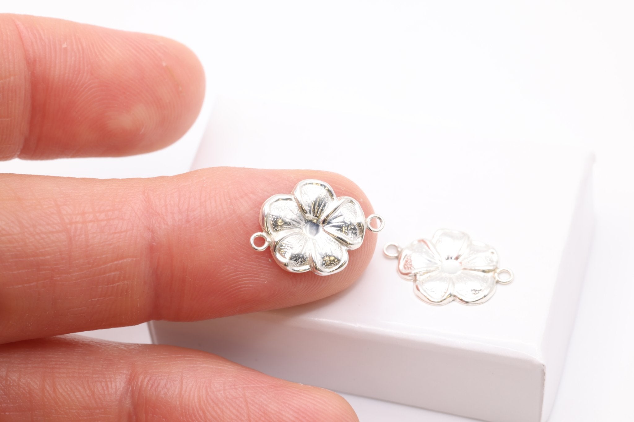 Flower Connector Charm, 925 Sterling Silver, 15mm x 10mm, Small Hawaiian Plumeria Flower Charm, Bulk DIY Wholesale Jewelry Making Charm - HarperCrown