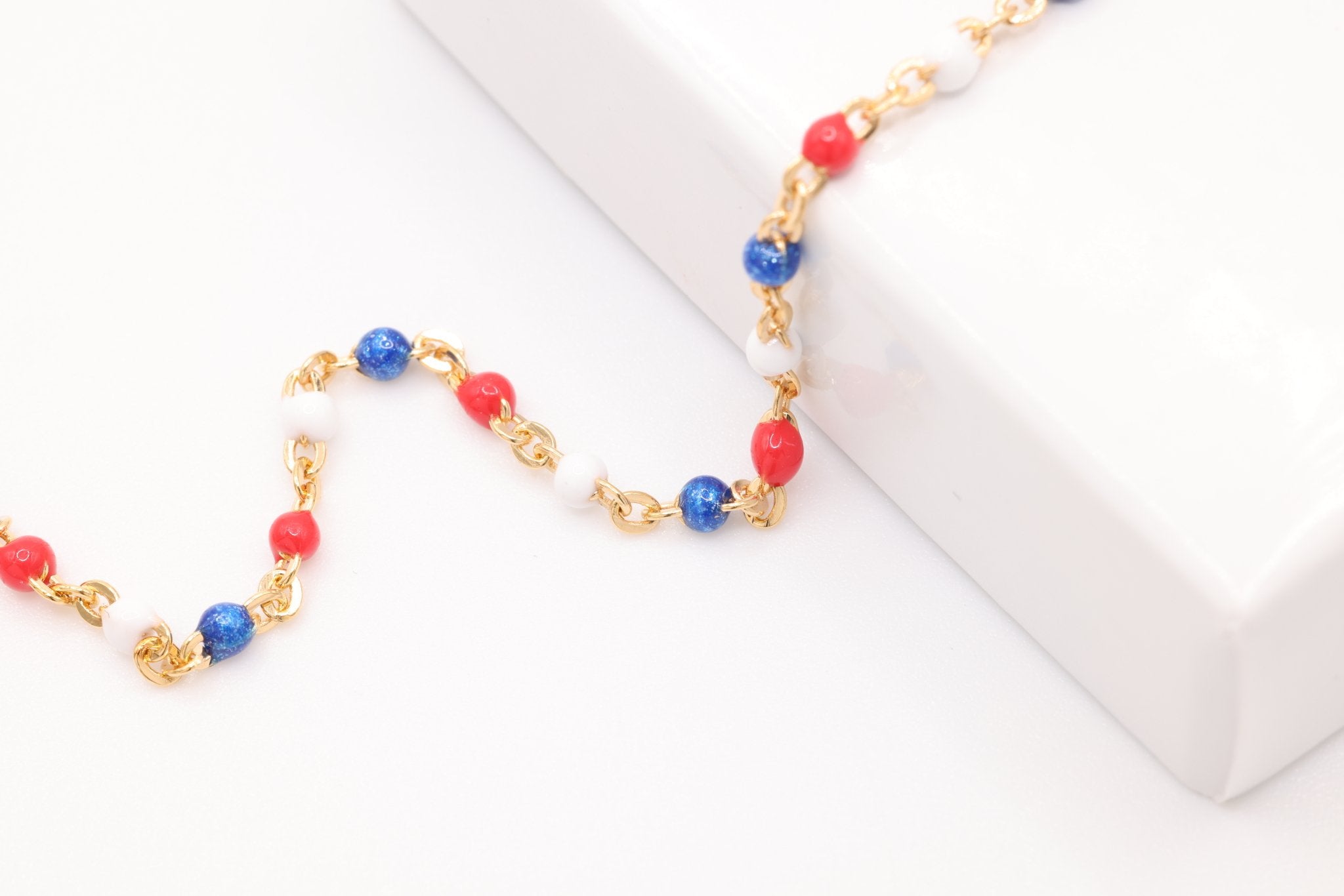 1.5mm Red, White, and Blue Enamel Chain, Gold-Filled, Patriotic Unfini