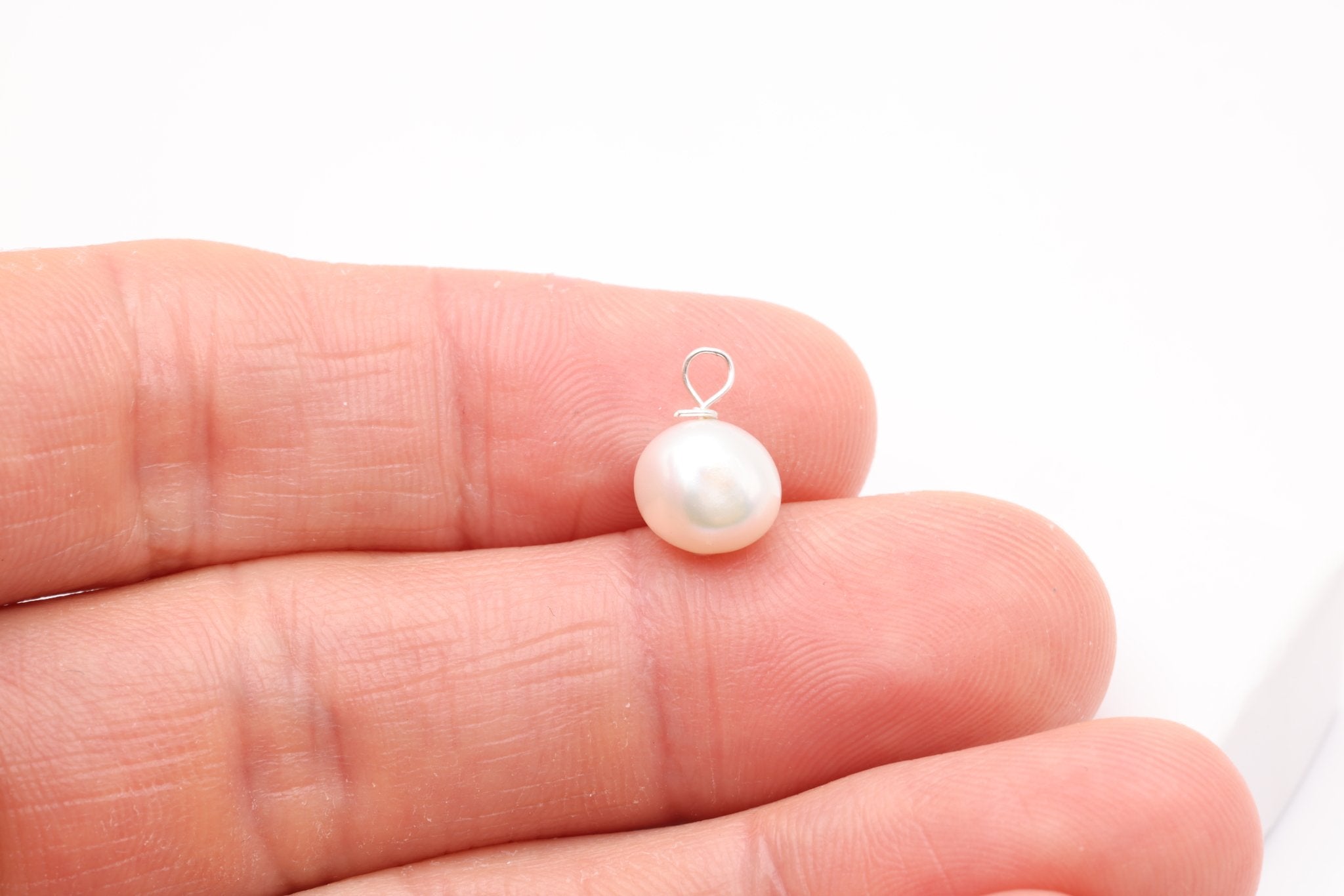 Keshi Pearl Drop Charm, Sterling Silver, 8mm x 8mm, Wire Wrapped Pear Shaped Pearl, Bulk DIY Wholesale Jewelry Making Charm - HarperCrown