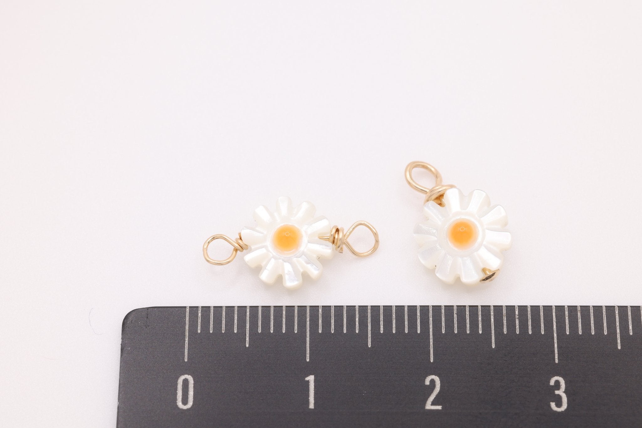 Mother of Pearl Daisy Charm, Gold - Filled, 12mm x 7mm, Wire Wrapped, Bulk DIY Wholesale Jewelry Making Charm - HarperCrown