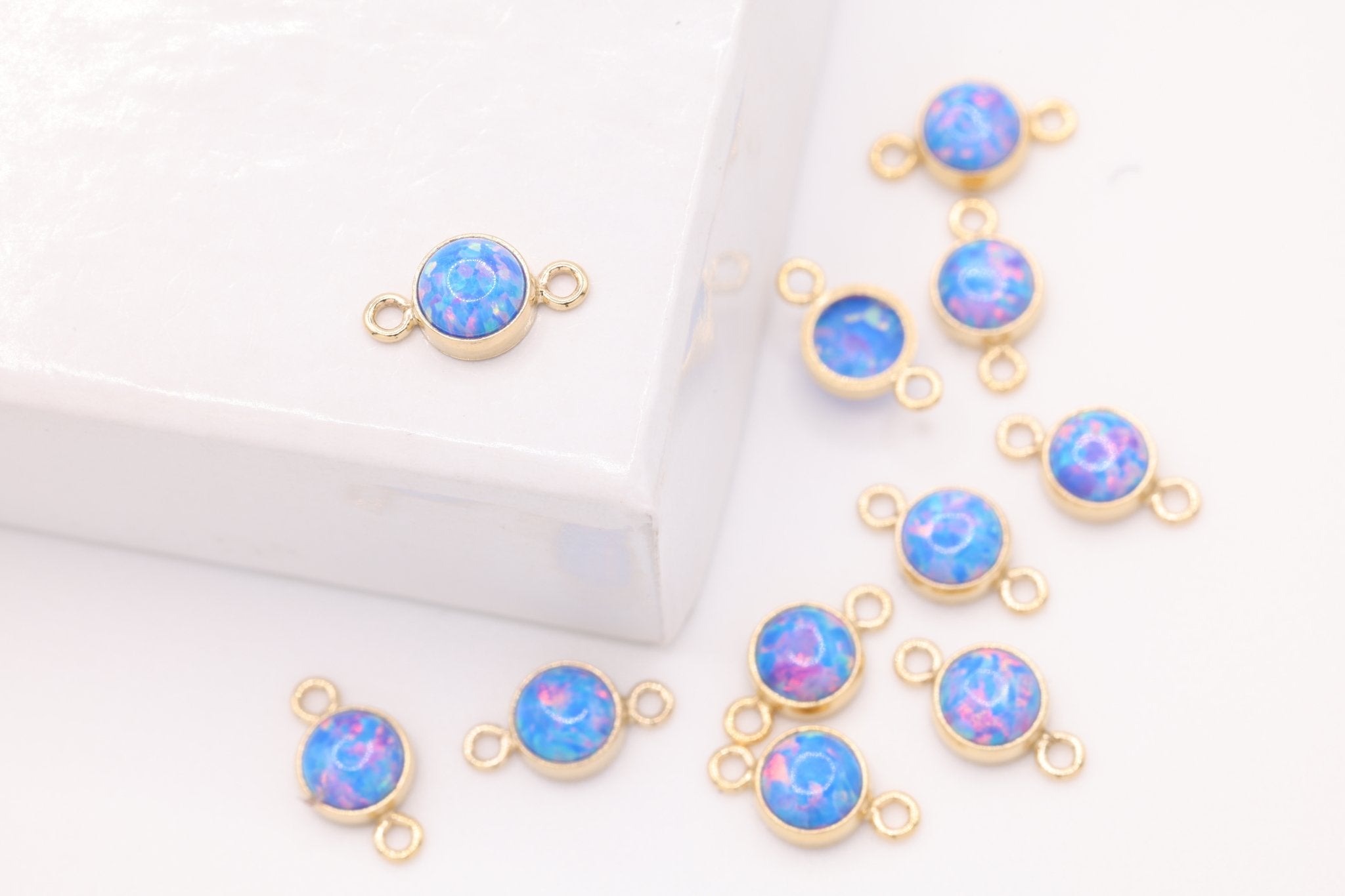 Opal December Birthstone Blue Topaz Connector Charm, Gold - Filled, 4mm Opal, Bulk DIY Wholesale Jewelry Making Charm - HarperCrown