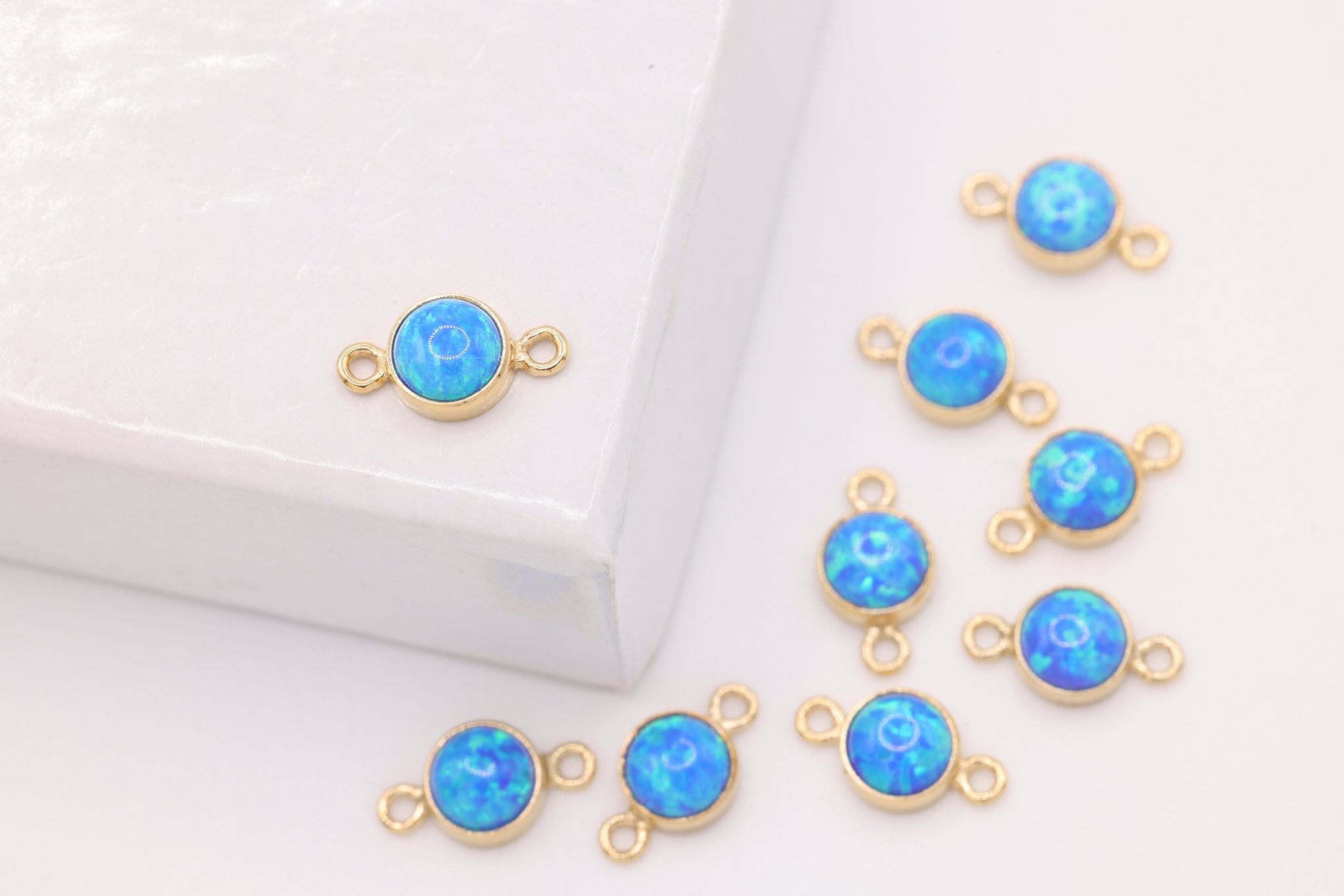 Opal September Birthstone Sapphire Connector Charm, Gold - Filled, 4mm Opal, Bulk DIY Wholesale Jewelry Making Charm - HarperCrown