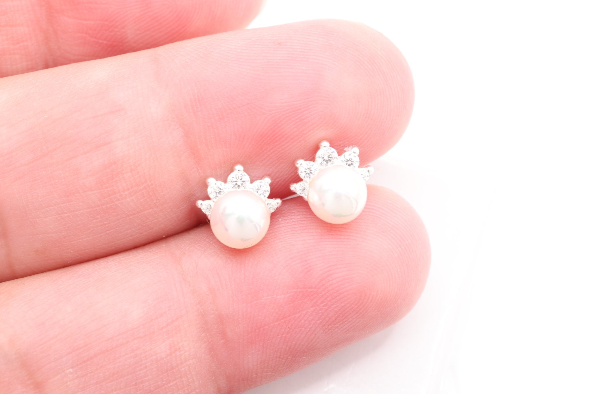 Pearl CZ Stud Earrings, 1 pair Sterling Silver, 7mm x 5mm, Minimalist Delicate, Wholesale Jewelry Earrings - HarperCrown