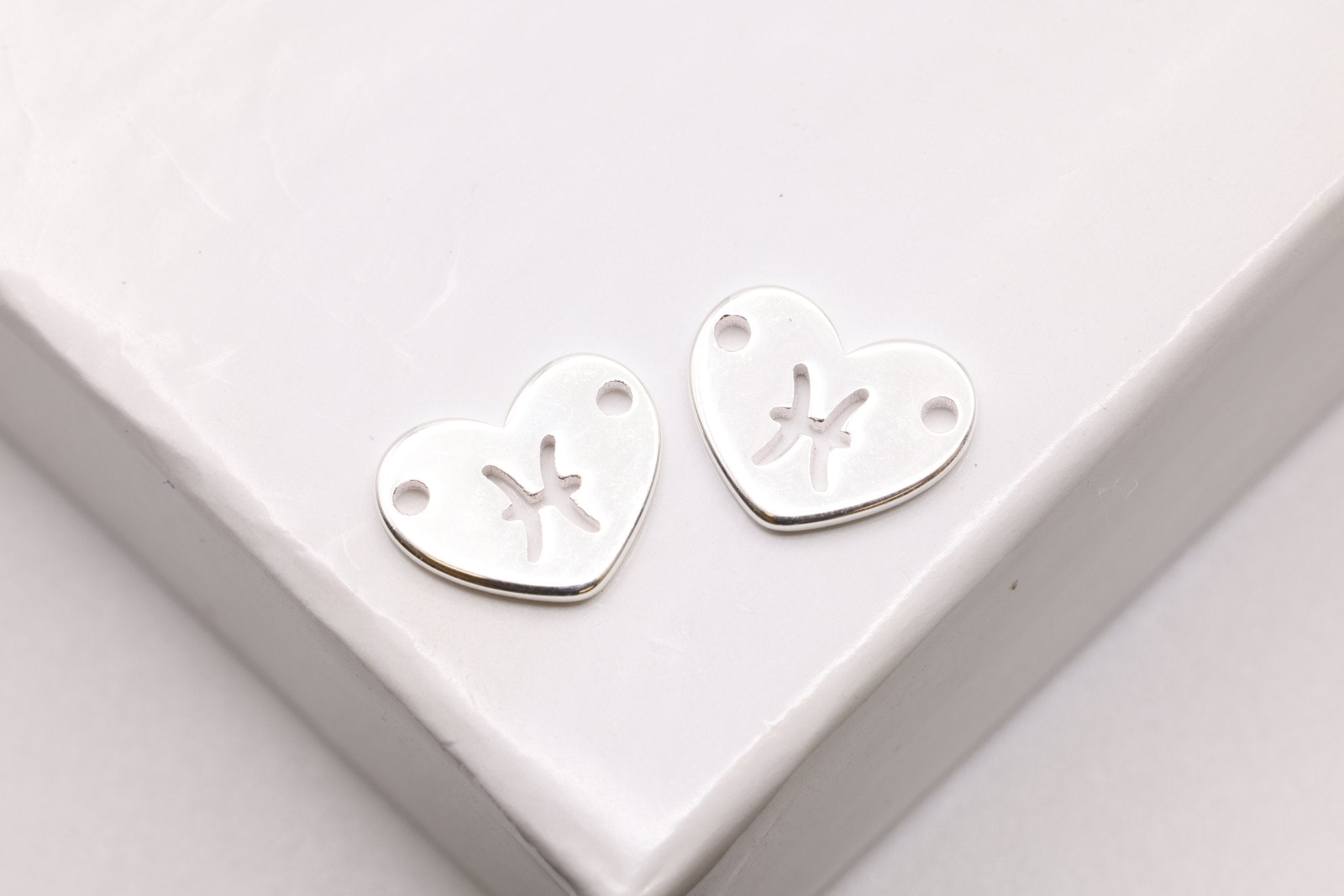 Pisces Zodiac Heart Connector Charm, 925 Sterling Silver, 6mm x 6mm, Bulk Wholesale Jewelry Making Charm - HarperCrown