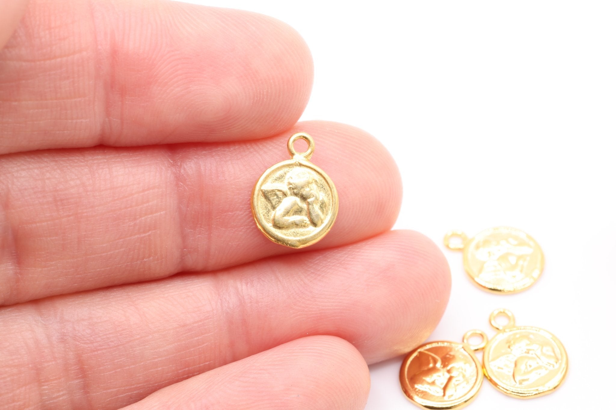 Small Angel Face Round Charm, Vermeil Gold, Angel With Wings, Cupid Charm, 12mm Disc, Cherubic Angel - HarperCrown