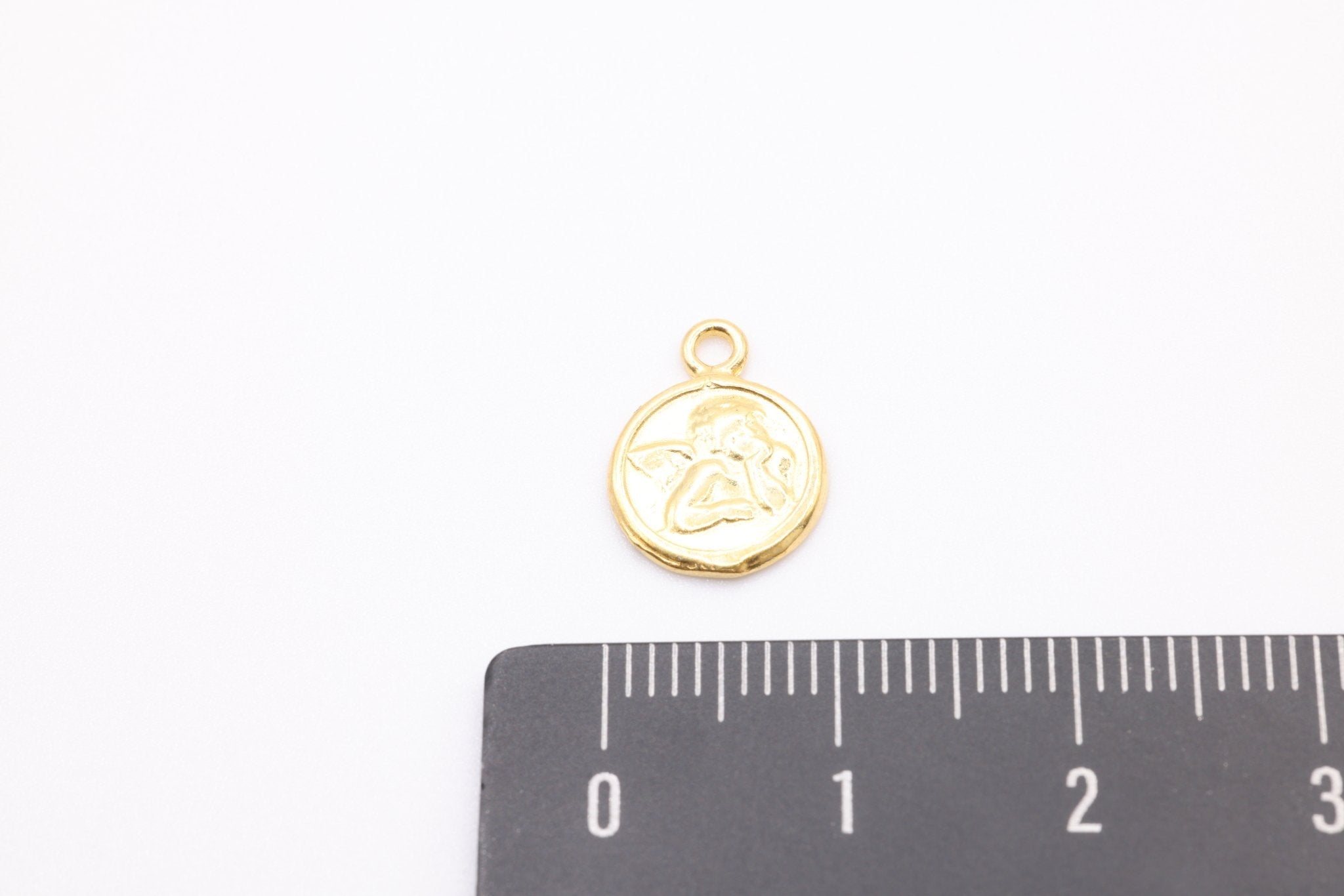 Small Angel Face Round Charm, Vermeil Gold, Angel With Wings, Cupid Charm, 12mm Disc, Cherubic Angel - HarperCrown