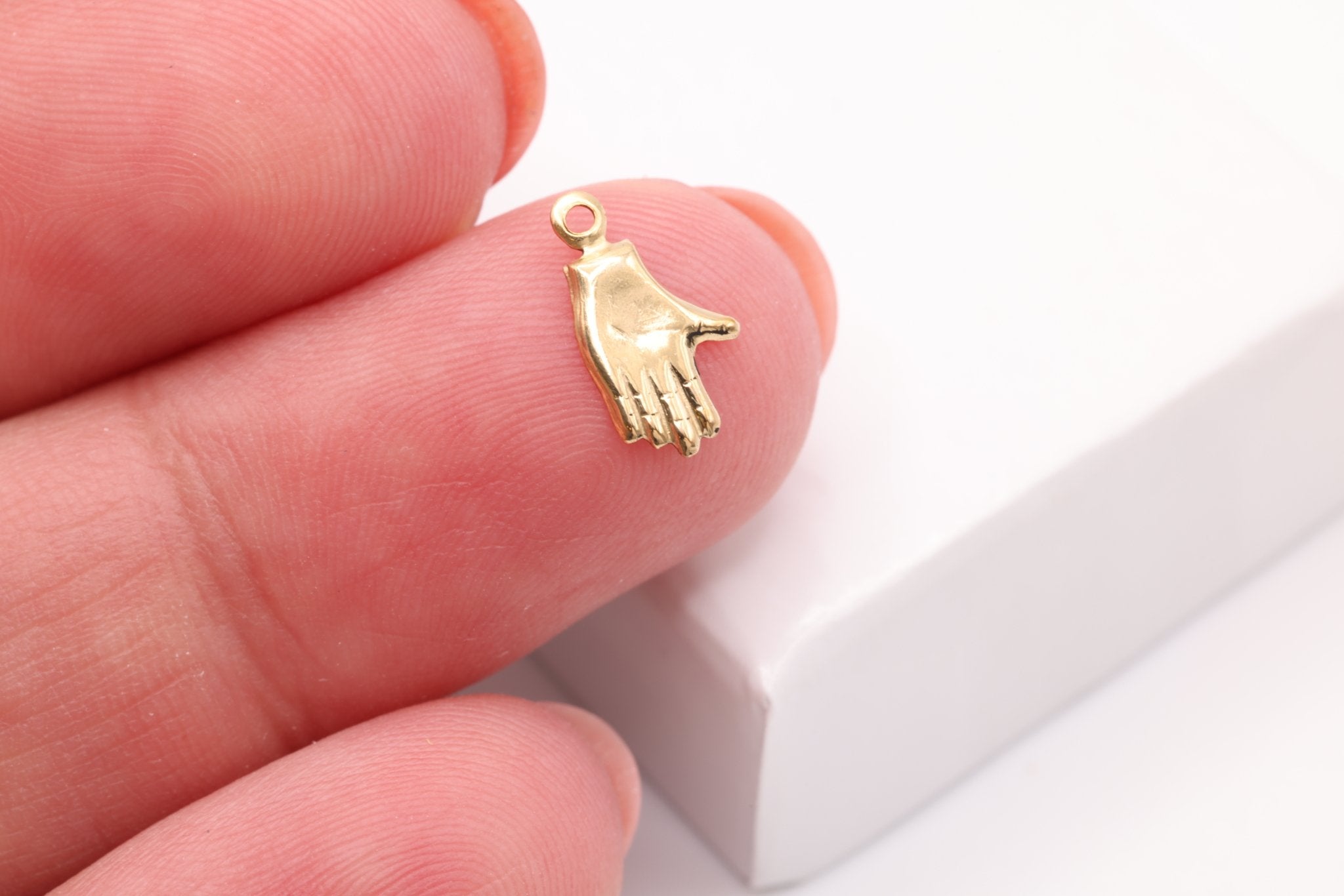 Small Hand Charm, Gold - Filled, 10mm x 5mm, Bulk DIY Wholesale Jewelry Making Charm - HarperCrown