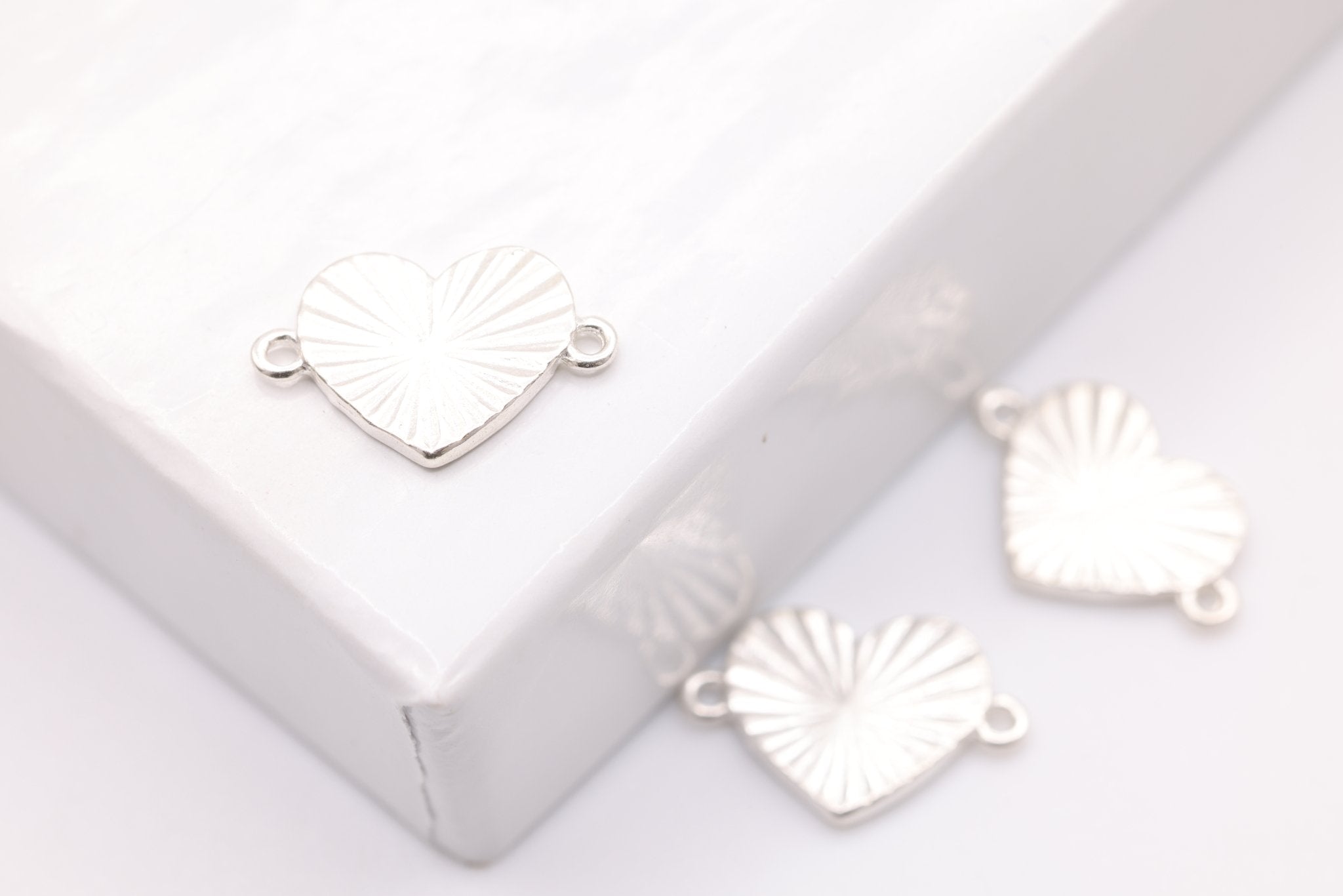 Starburst Heart Connector Charm, 925 Sterling Silver, 11mm x 7mm, Stamping Charm, Bulk Wholesale Jewelry Making Charm - HarperCrown