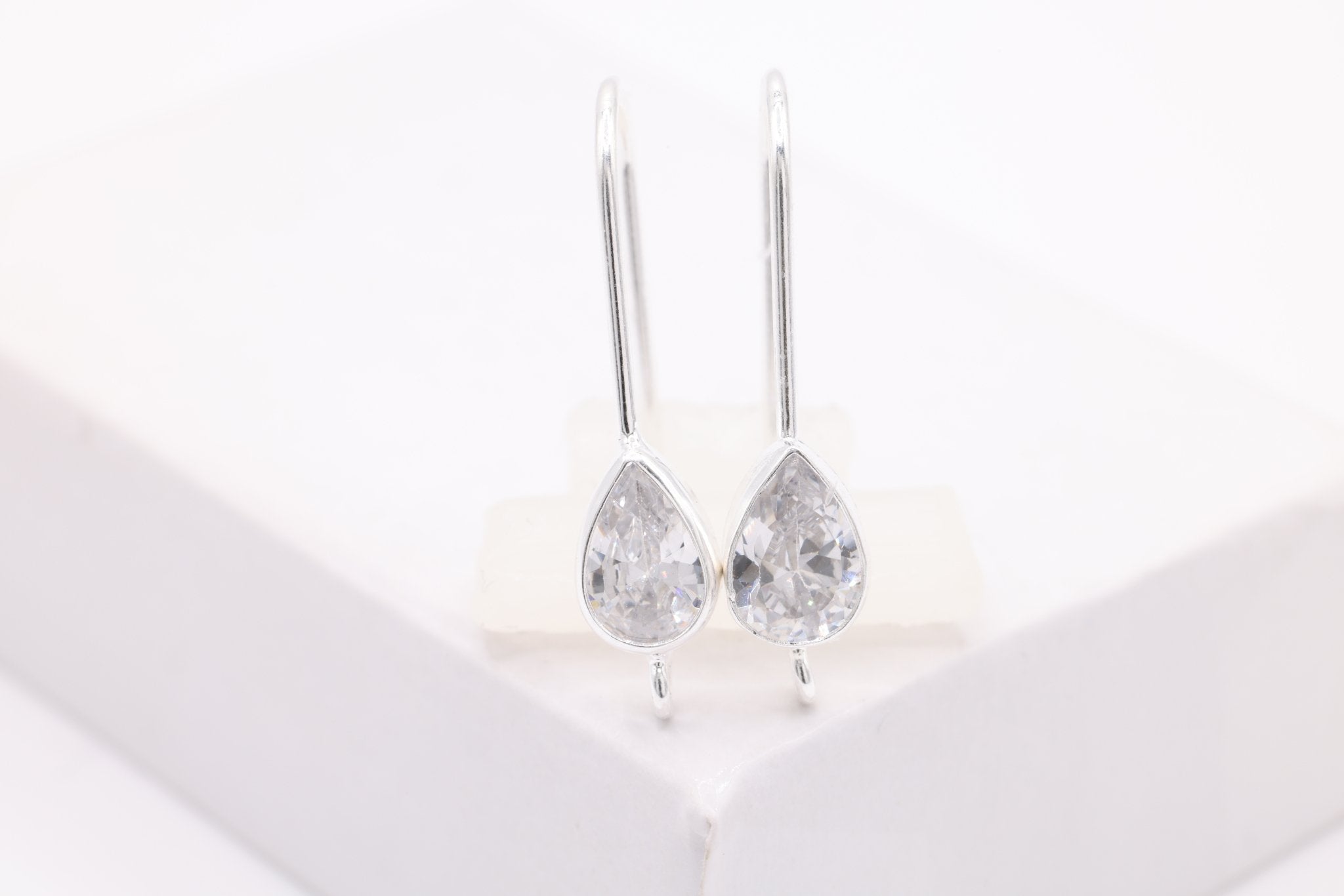 Teardrop CZ Hook Ear Wire Earrings, 4mm x 6mm, Sterling Silver - HarperCrown