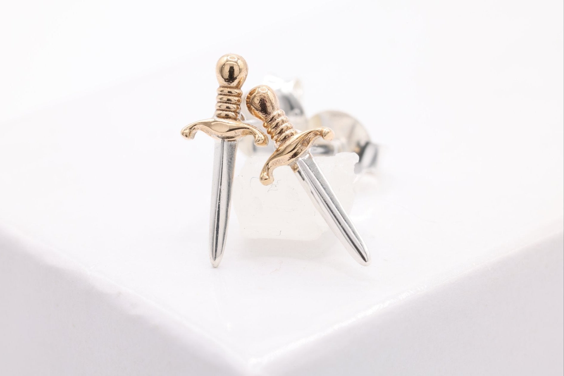 Tiny Dagger Stud Earrings, 1 pair Sterling Silver and 18K Gold - Plated, 11mm x 4mm, Minimalist Delicate, Wholesale Jewelry Earrings - HarperCrown