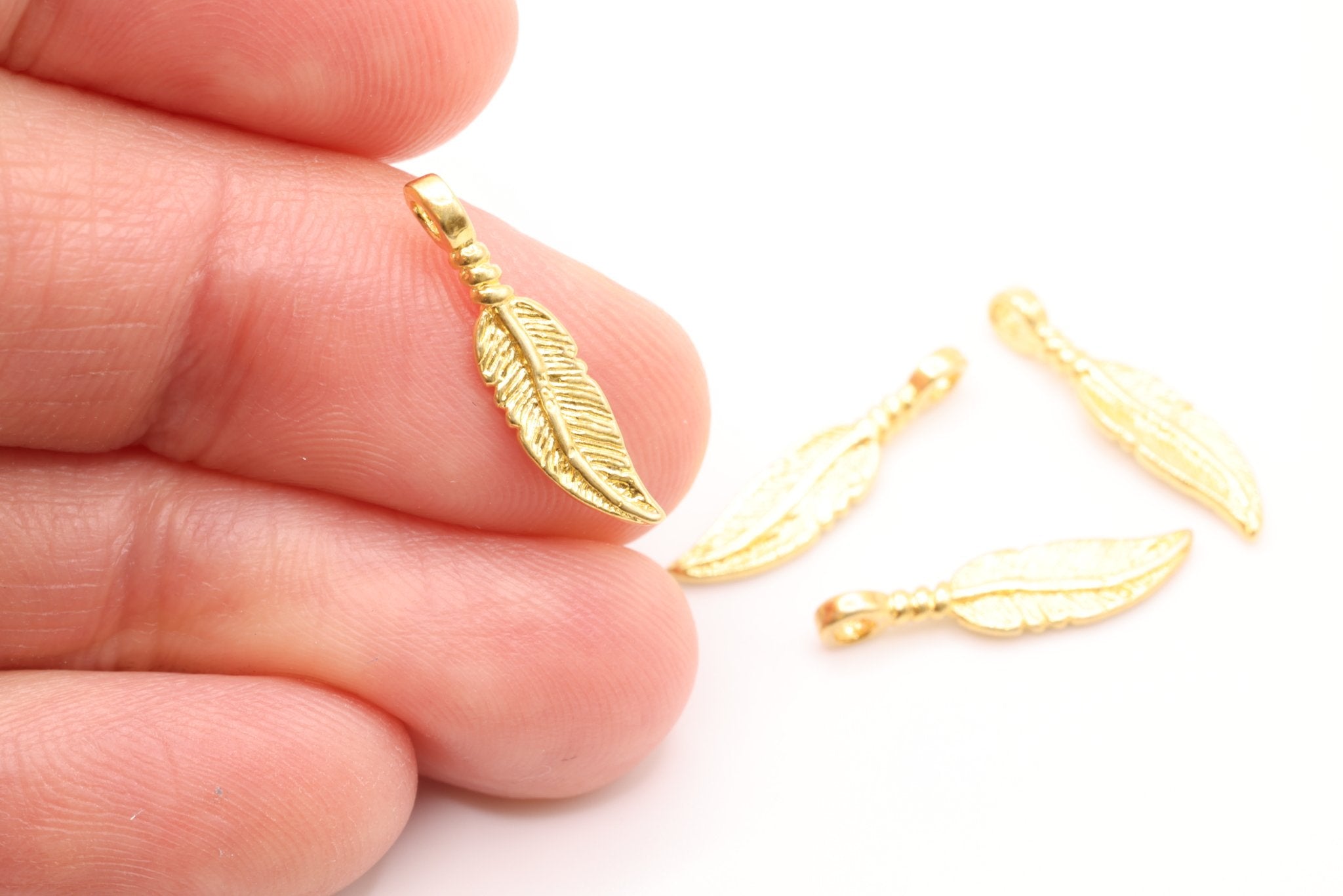 Vermeil Wholesale Gold Feather Charm, 18K Gold Plated over Sterling Silver, Tribal Native Feather Charm - HarperCrown