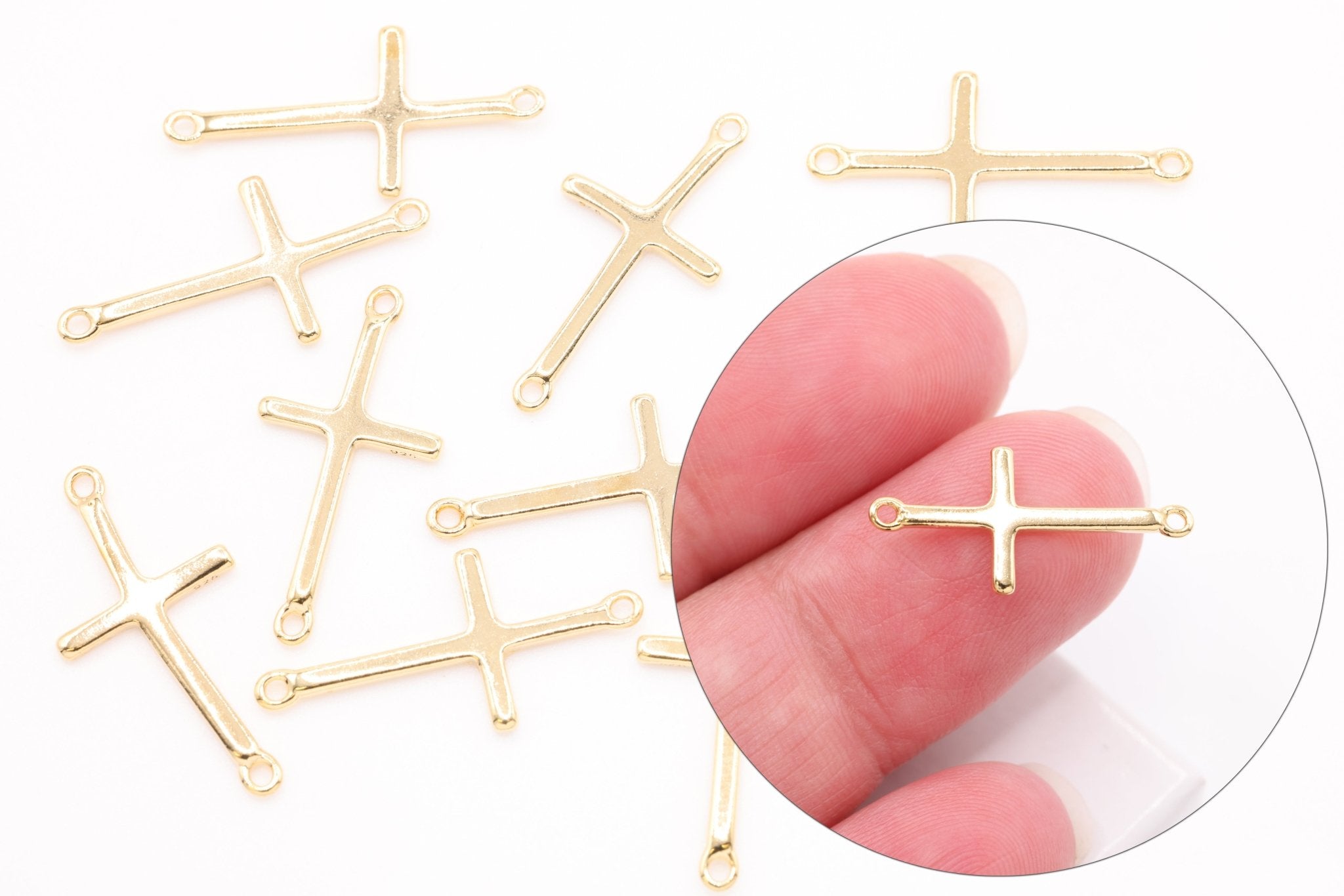 Wholesale Vermeil Gold Cross Connector Charm - Gold plated over sterling Silver, Solid 14K Gold, Spacer, Link, sideways horizontal cross - HarperCrown