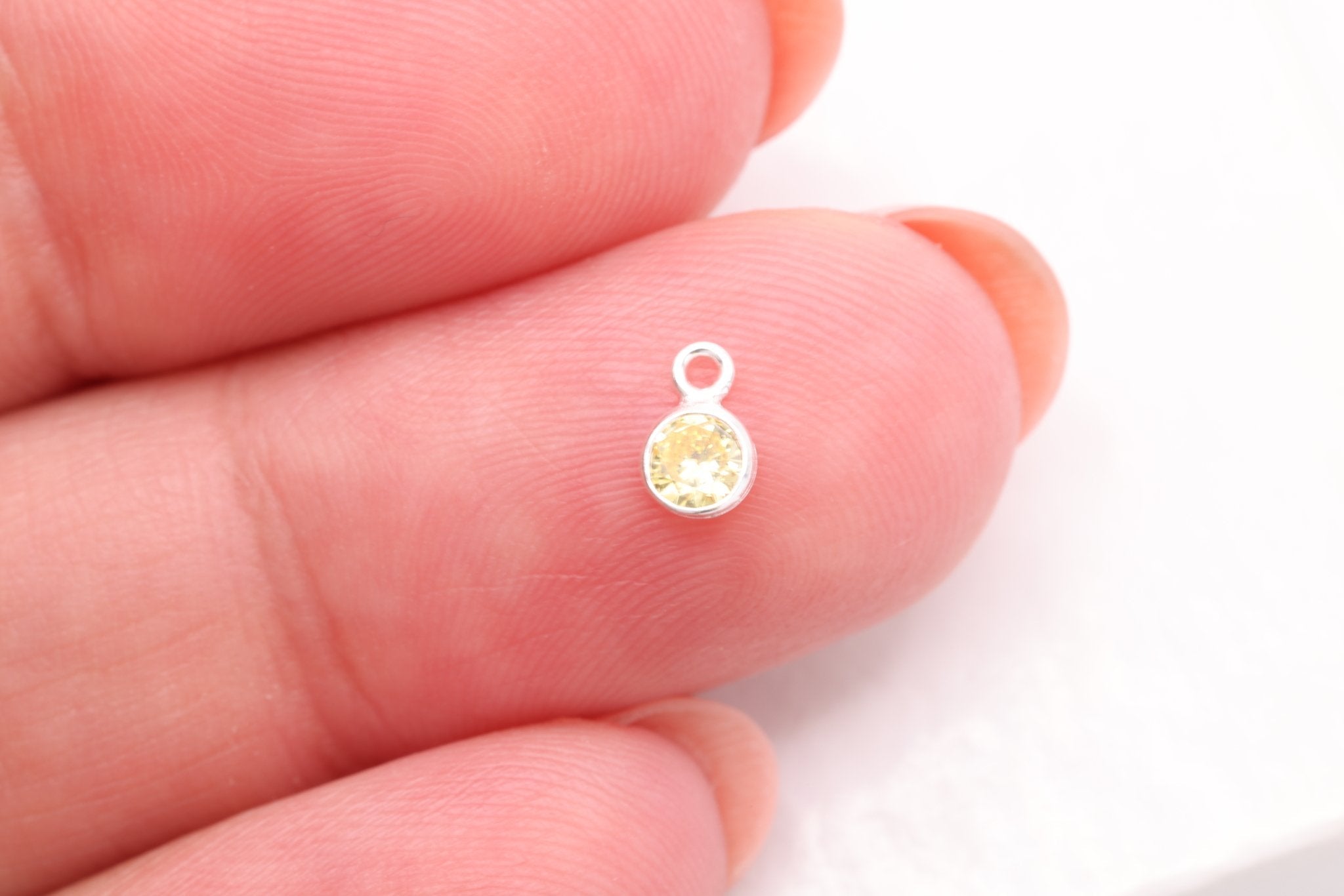 Yellow Topaz CZ Drop Charm, November Birthstone, Sterling Silver, 5mm x 3mm, Wholesale Bulk DIY Wholesale Jewelry Making Charm - HarperCrown