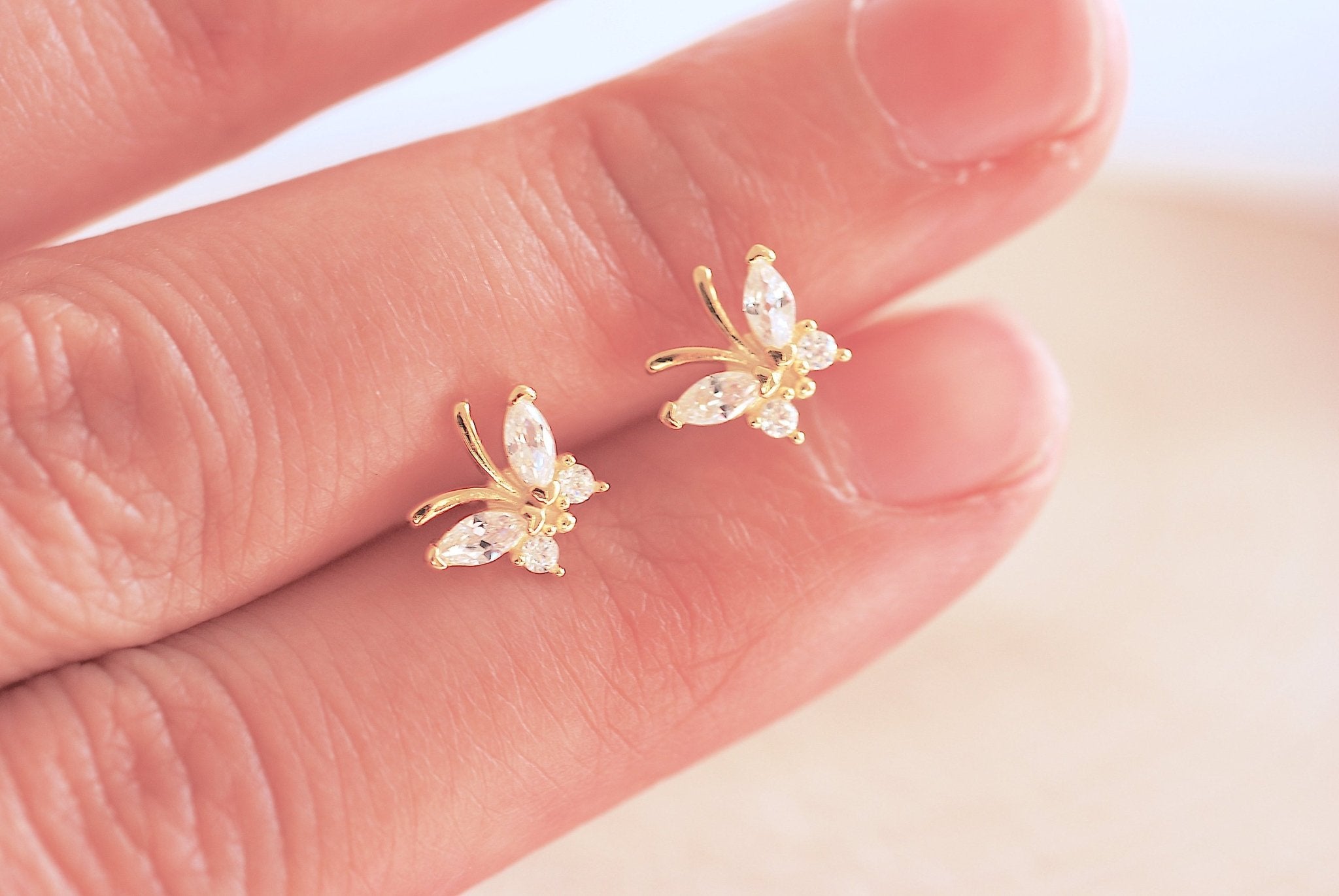 1 pair or Single Stud Gold Butterfly Stud Earrings - Vermeil Gold 925 Sterling Silver CZ Butterfly Stud earrings ball Backing Minimalist - HarperCrown