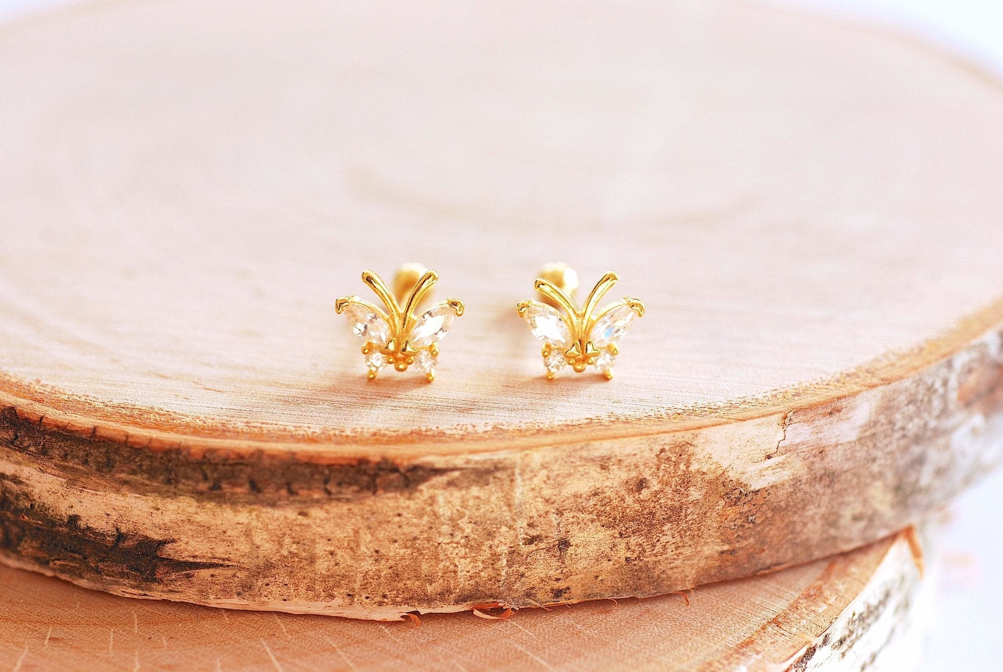 1 pair or Single Stud Gold Butterfly Stud Earrings - Vermeil Gold 925 Sterling Silver CZ Butterfly Stud earrings ball Backing Minimalist - HarperCrown