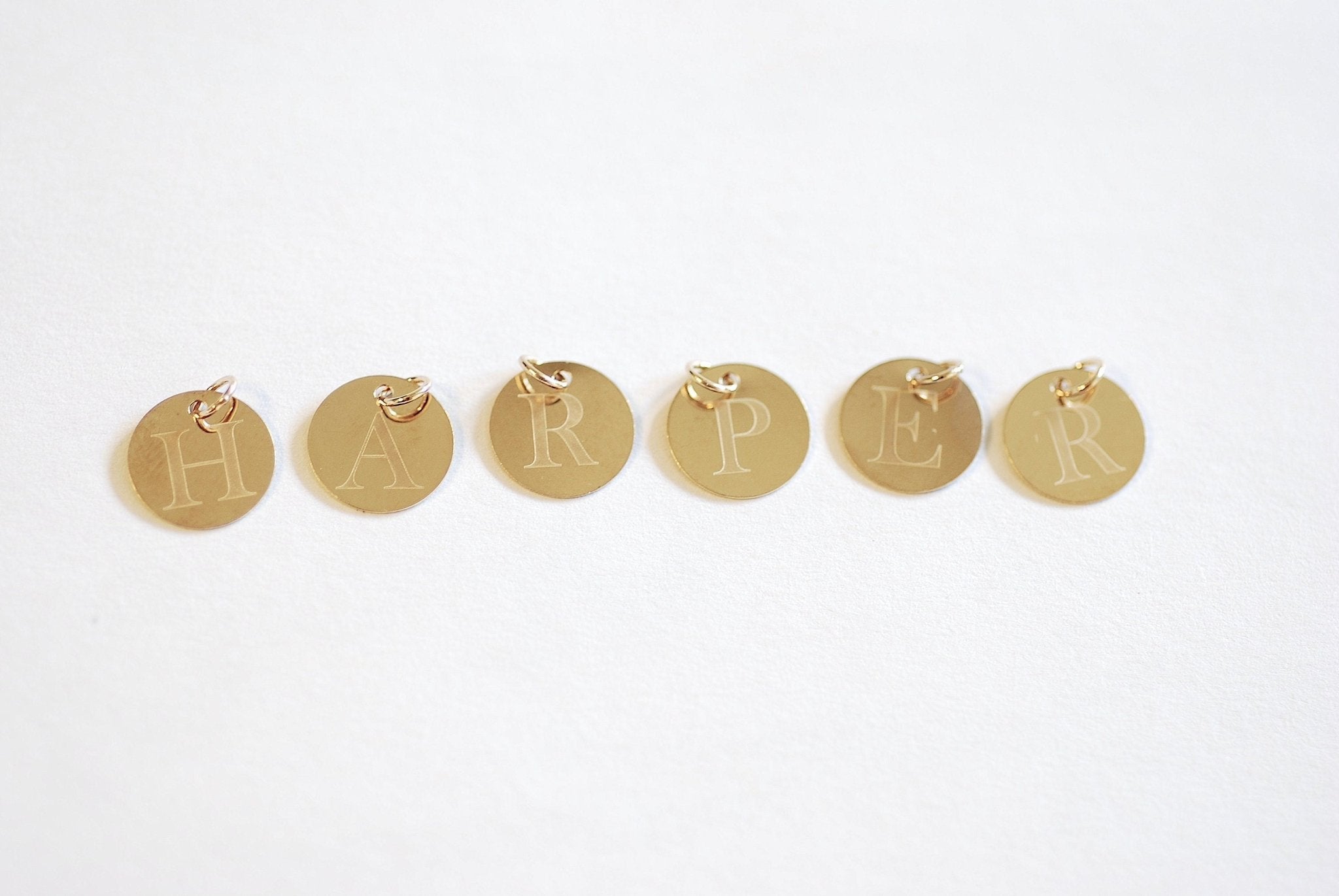 14k Gold Filled Letter Disc Charm Add on - Permanent Jewelry Component 14/20kt Disc Charm Alphabet Letter Initial Charm Circle Wholesale - HarperCrown