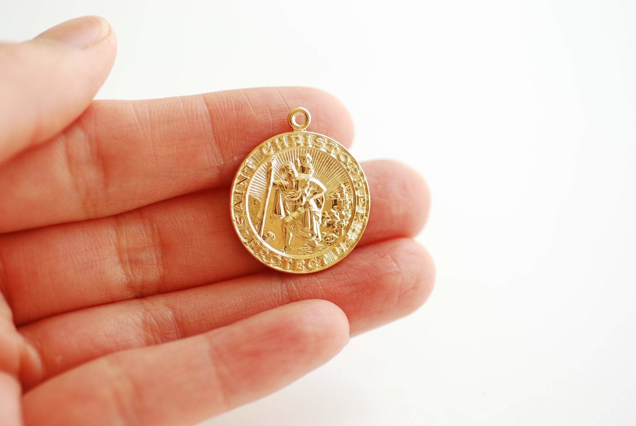 Wholesale 14k Gold Filled St Christopher Pendant- 22mm Round Disc Charm, Patron Saint Christopher Charm, Religious Charm, Catholic, Medallion, Coin