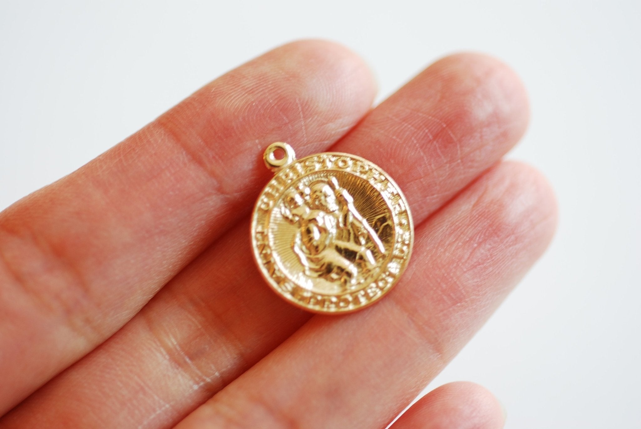 Wholesale 14k Gold Filled St Christopher Pendant-  Gold Filled Charms, Round Disc Charm, Saint Christopher Charm, Religious Charm, Catholic