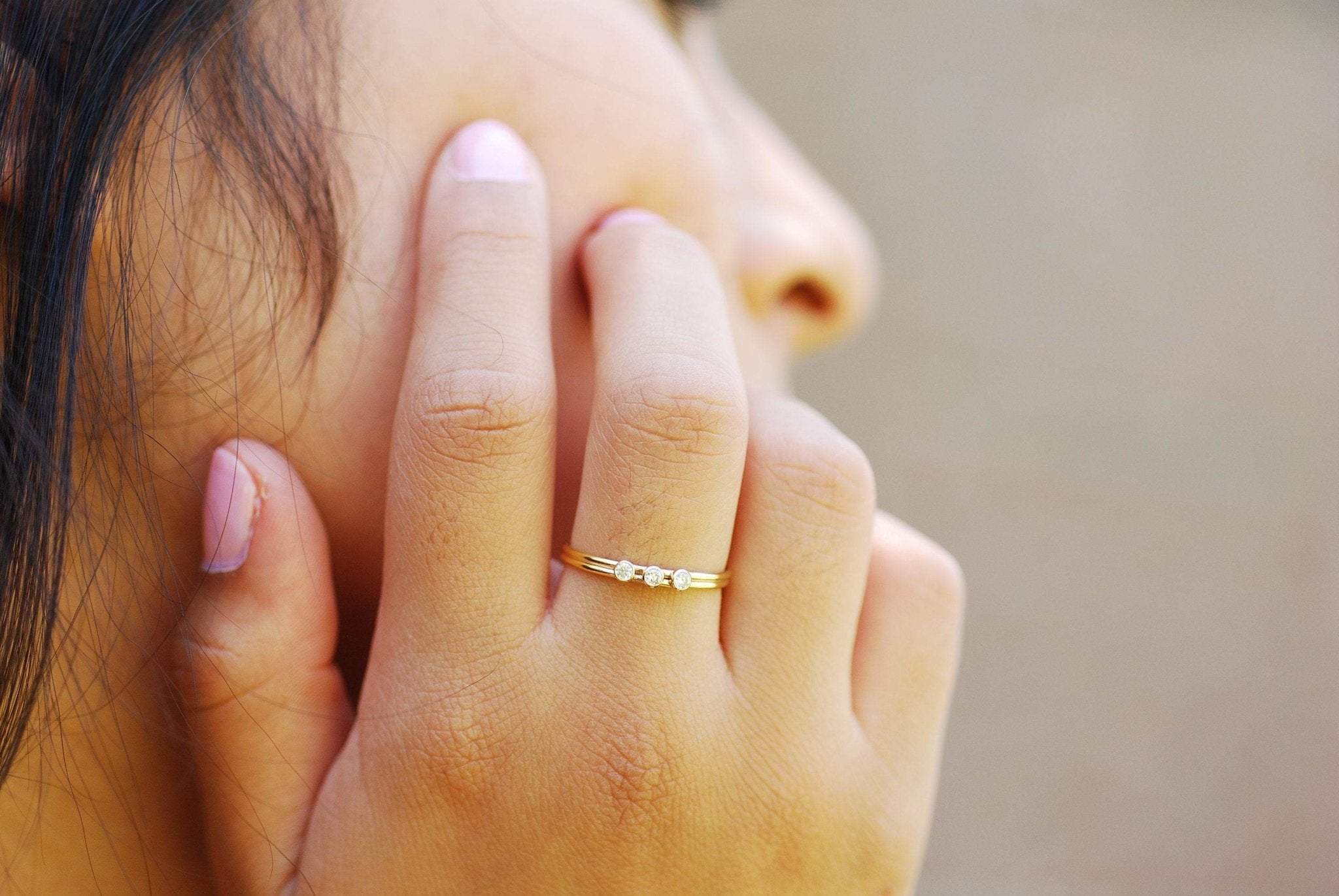 Wholesale 14k Gold Filled Stacking Ring - 3 CZ Stone Ring Band, Triple Stone Ring, Gold Filled Solitaire Stacking Ring, Minimalist Ring, [16]