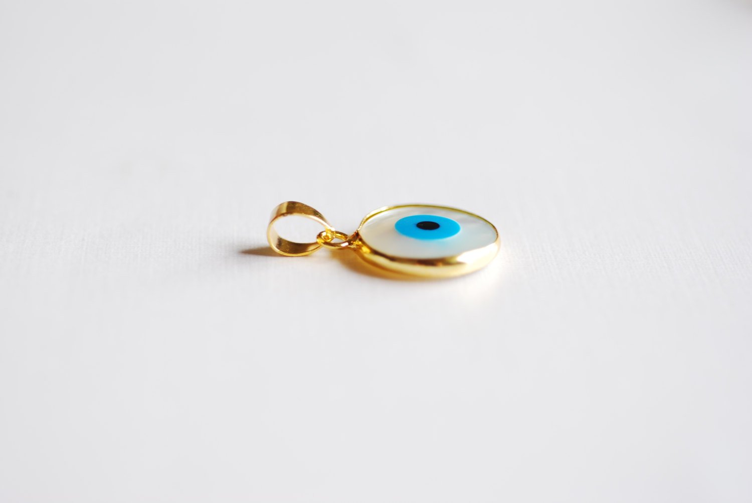 22k Gold Plated Electroplated Rim Evil Eye Charm Pendant- Gold Round Evil Eye Charm with Attached Bail, Natural White Shell Evil Eye, Hamsa - HarperCrown