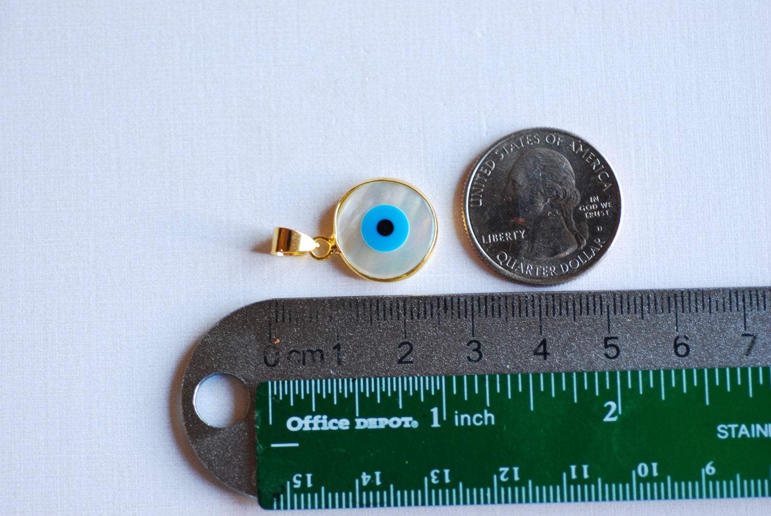 22k Gold Plated Electroplated Rim Evil Eye Charm Pendant- Gold Round Evil Eye Charm with Attached Bail, Natural White Shell Evil Eye, Hamsa - HarperCrown