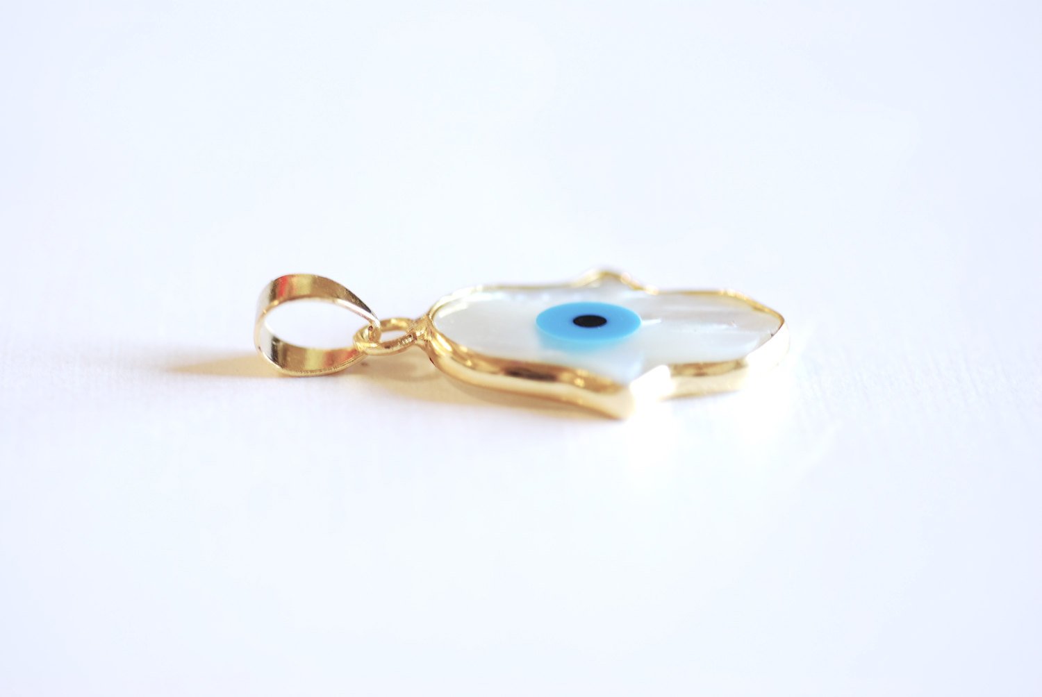 22k Gold Plated Evil Eye Hamsa Hand Charm Pendant- Hamsa Hand Evil Eye Charm with Attached Bail, Natural White Shell Evil Eye, Yoga Charm - HarperCrown