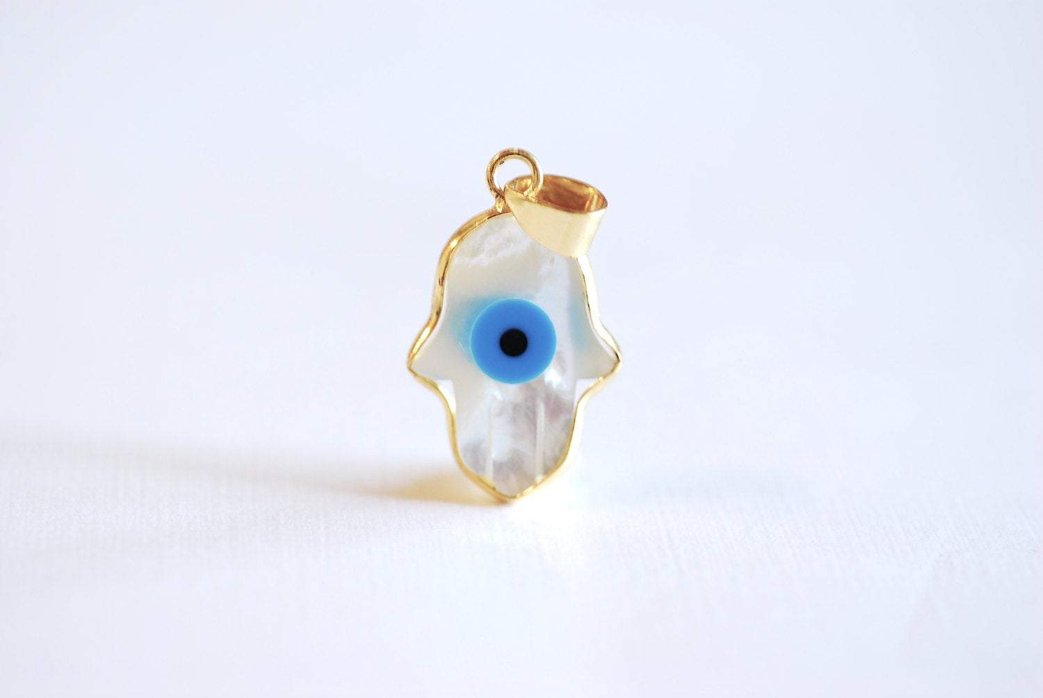 22k Gold Plated Evil Eye Hamsa Hand Charm Pendant- Hamsa Hand Evil Eye Charm with Attached Bail, Natural White Shell Evil Eye, Yoga Charm - HarperCrown