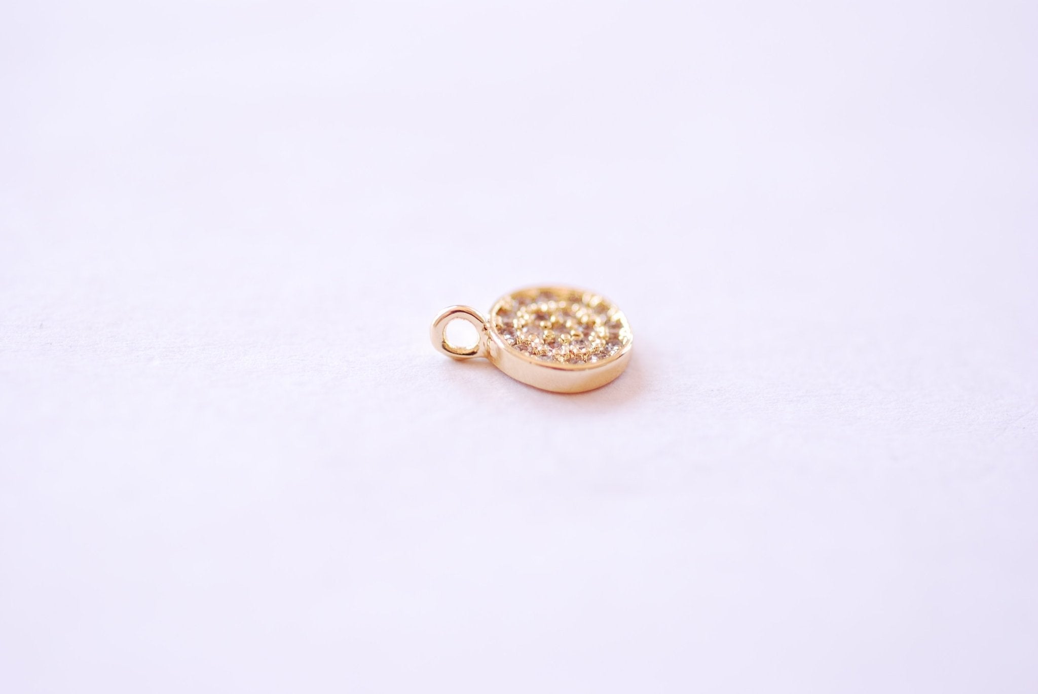 7mm Round Disc Circle Micro Pave CZ Charm - 16k Gold Plated over Brass Cubic Zirconia Small Shiny Clear Disc DIY HarperCrown Wholesale B177 - HarperCrown