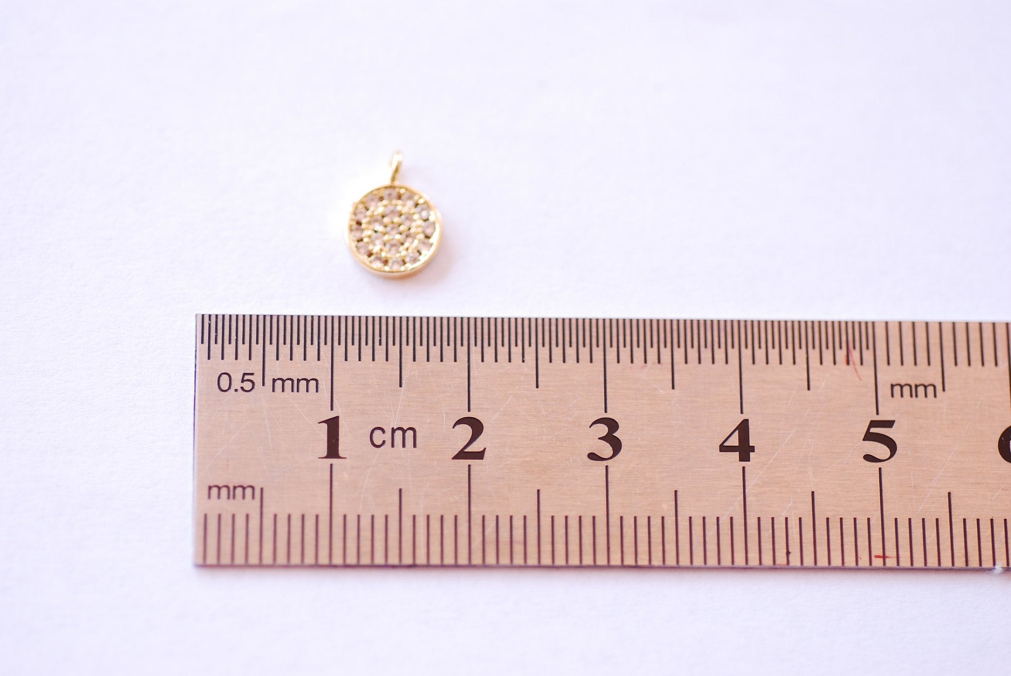 7mm Round Disc Circle Micro Pave CZ Charm - 16k Gold Plated over Brass Cubic Zirconia Small Shiny Clear Disc DIY HarperCrown Wholesale B177 - HarperCrown