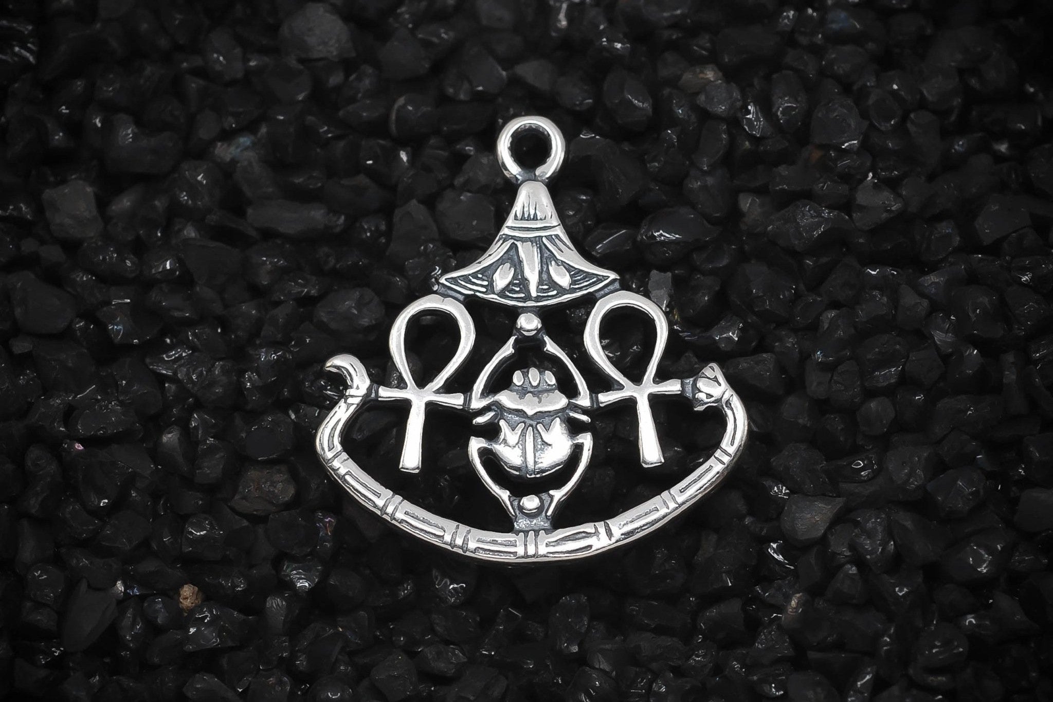 Ankh Key Charm of Eternal Life with Lotus and Scarab Beetle Ancient Egyptian | 925 Sterling Silver, Oxidized or 18K Gold Plated | Jewelry Making Pendant - HarperCrown