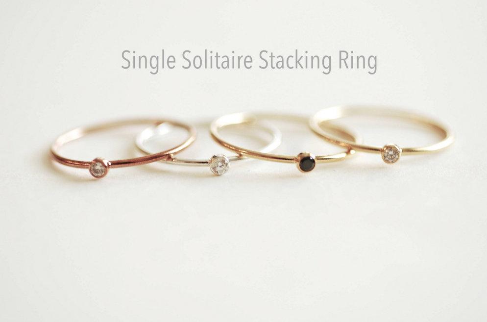 Black Solitaire Sterling Silver Stacking Clear CZ Ring - Minimalist Simple Everyday sterling silver thin sparkle dainty finger ring [12] - HarperCrown