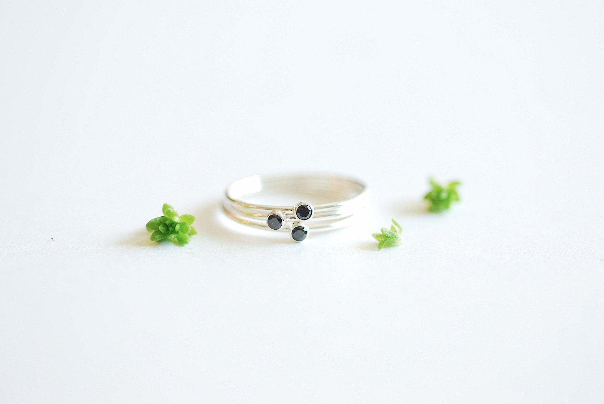 Black Solitaire Sterling Silver Stacking Clear CZ Ring - Minimalist Simple Everyday sterling silver thin sparkle dainty finger ring [12] - HarperCrown